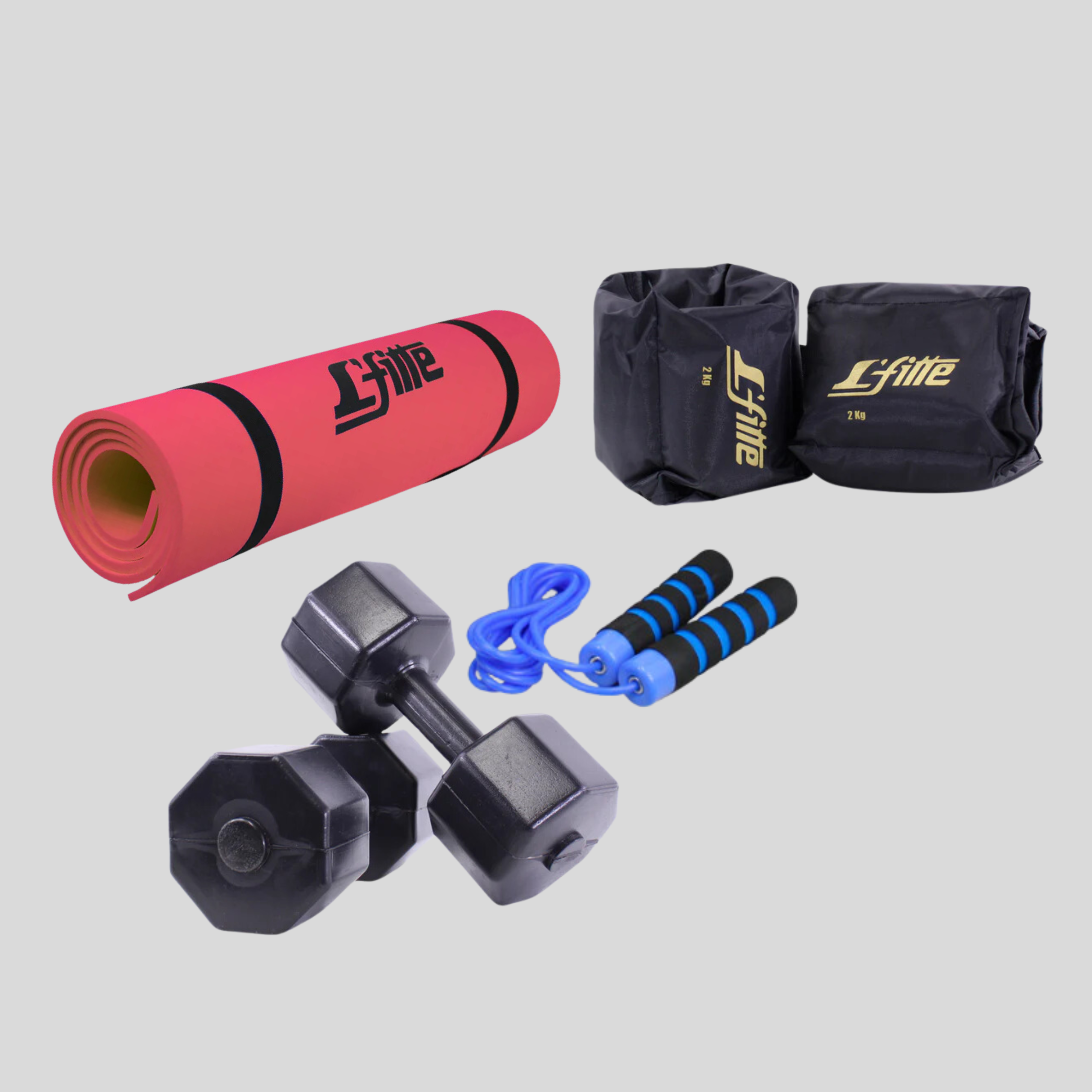 Kit De Ejercicio Con Cuerda De Neopreno/ Par De Mancuernas 5 kg/ Par De Polainas 2kg/Tapete para yoga L'fitte