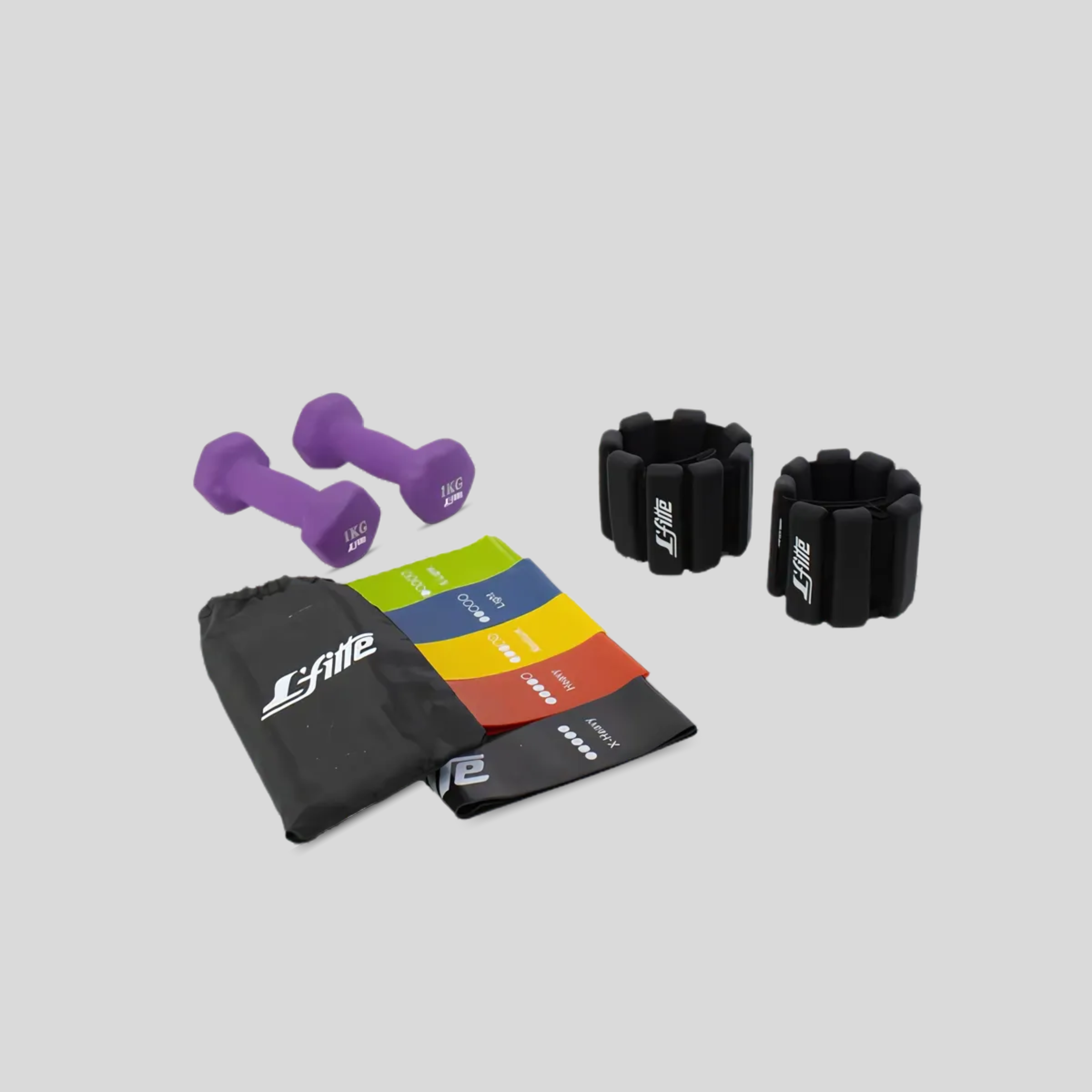 Set Rehabilitación en Casa: Mancuernas 1kg, Polainas 450g y Ligas de Látex