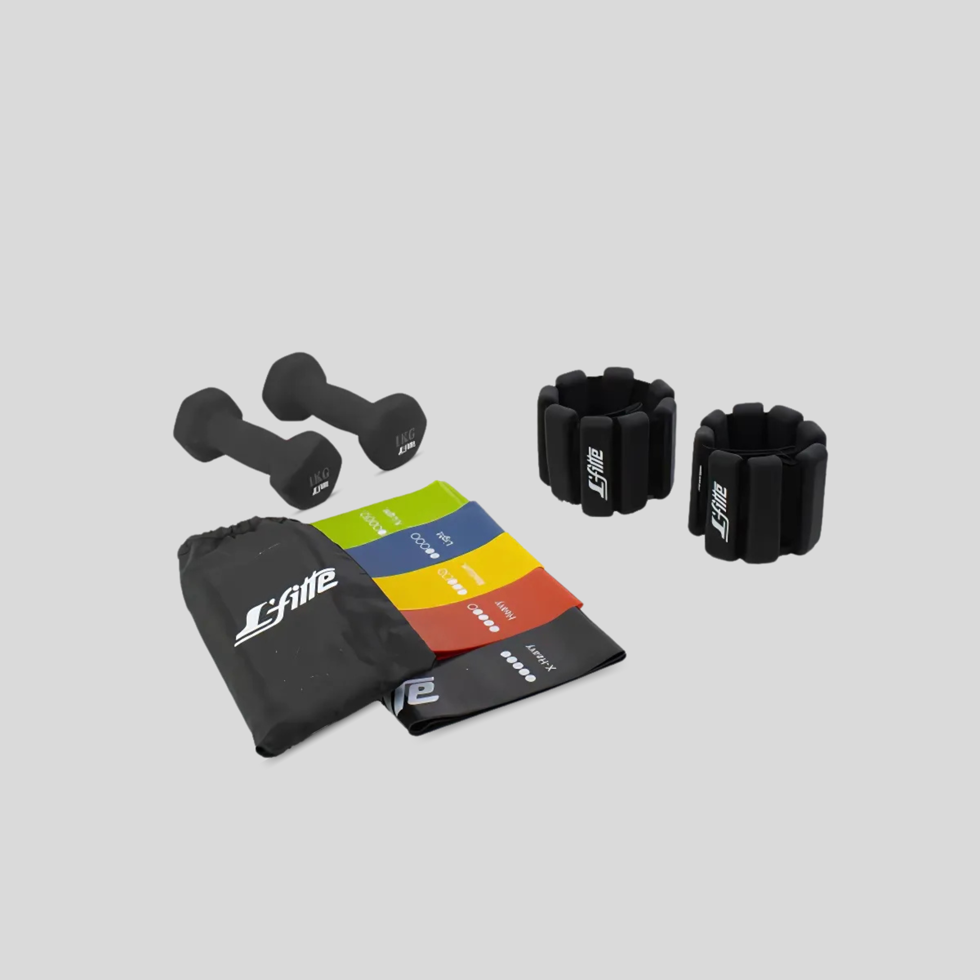 Set Rehabilitación en Casa: Mancuernas 1kg, Polainas 450g y Ligas de Látex