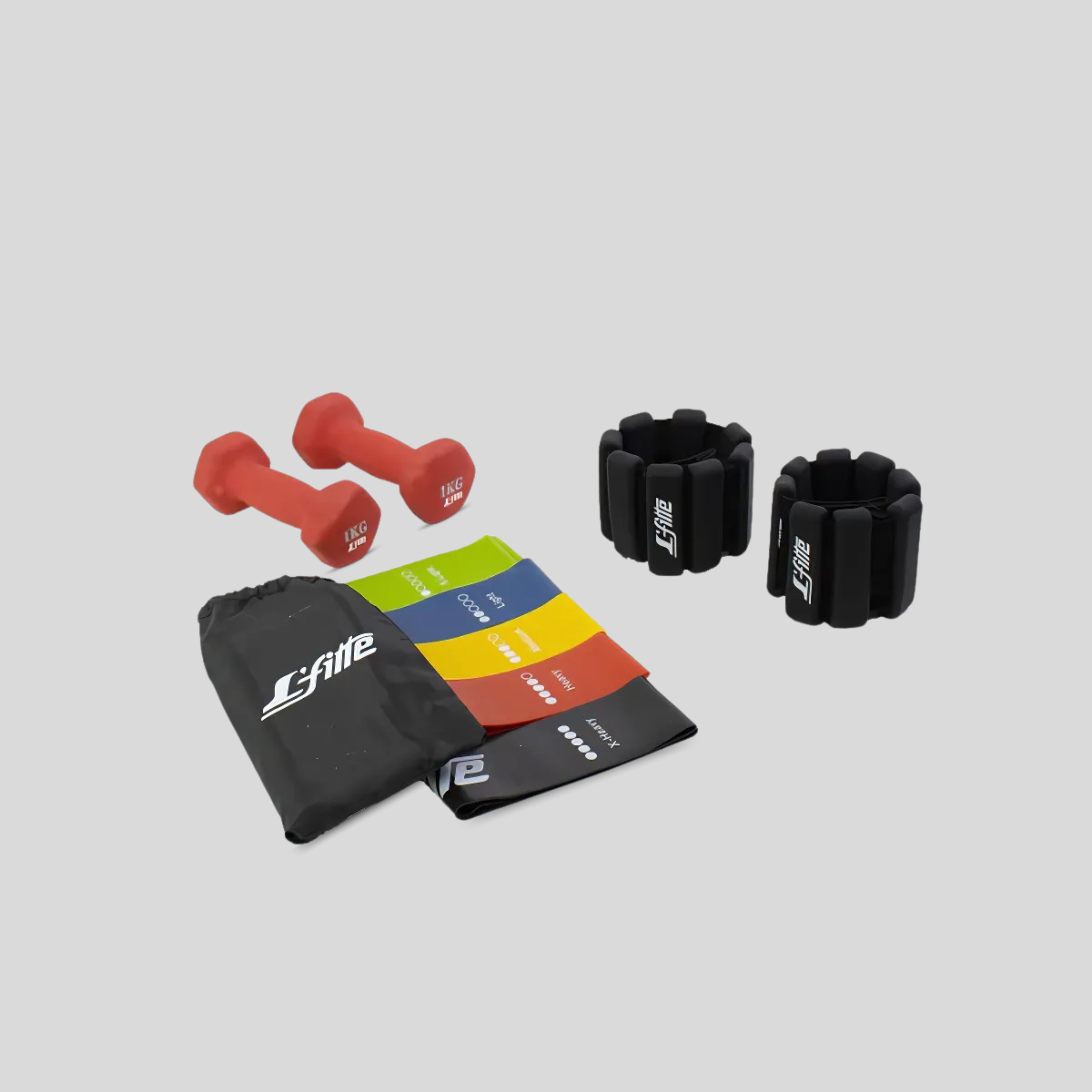 Set Rehabilitación en Casa: Mancuernas 1kg, Polainas 450g y Ligas de Látex