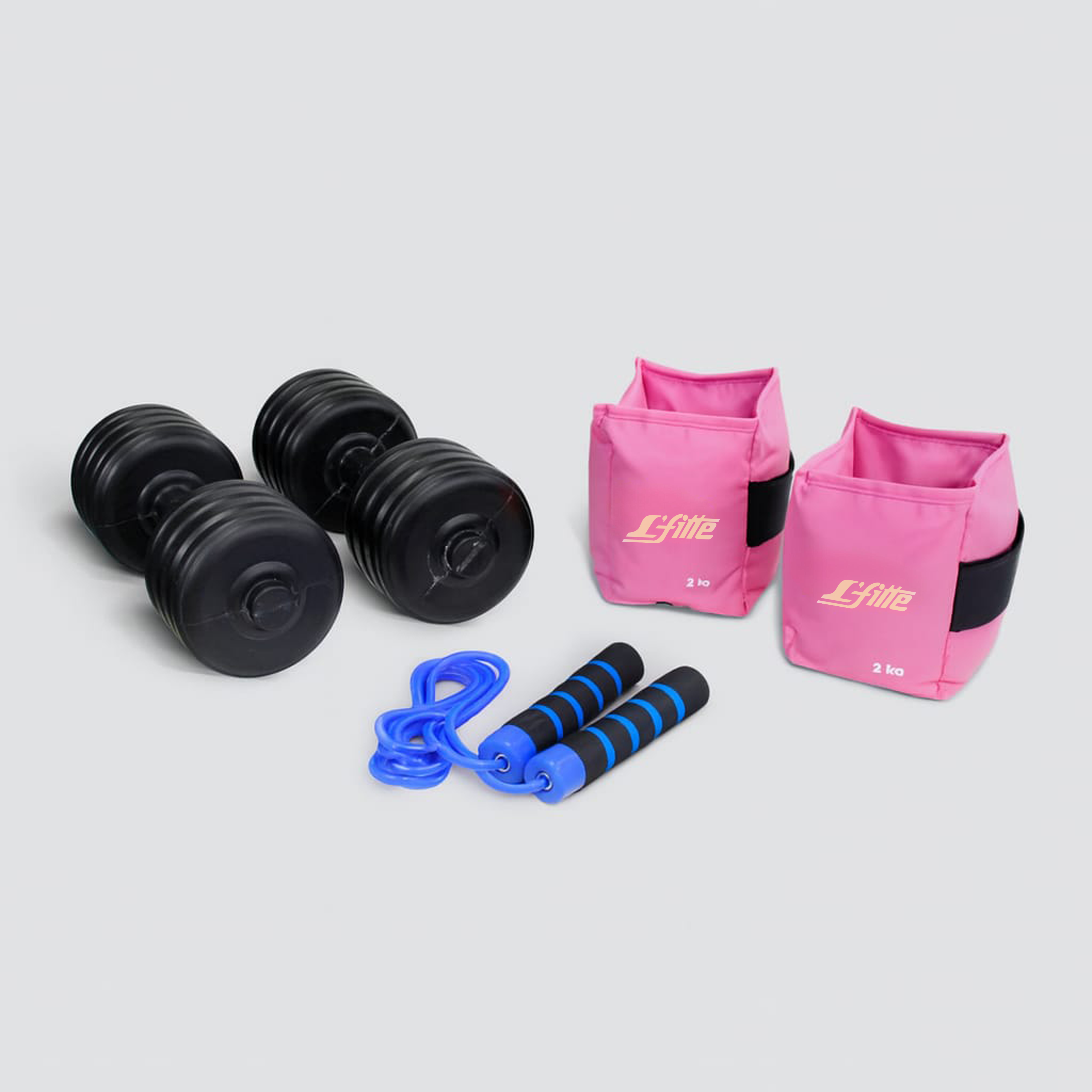 Kit De Ejercicio Para Casa Cuerda De Neopreno Con Valero, Mancuernas De Plástico Rellenas 3.5kg Y Polainas 2kg Con Velcro Ajustable