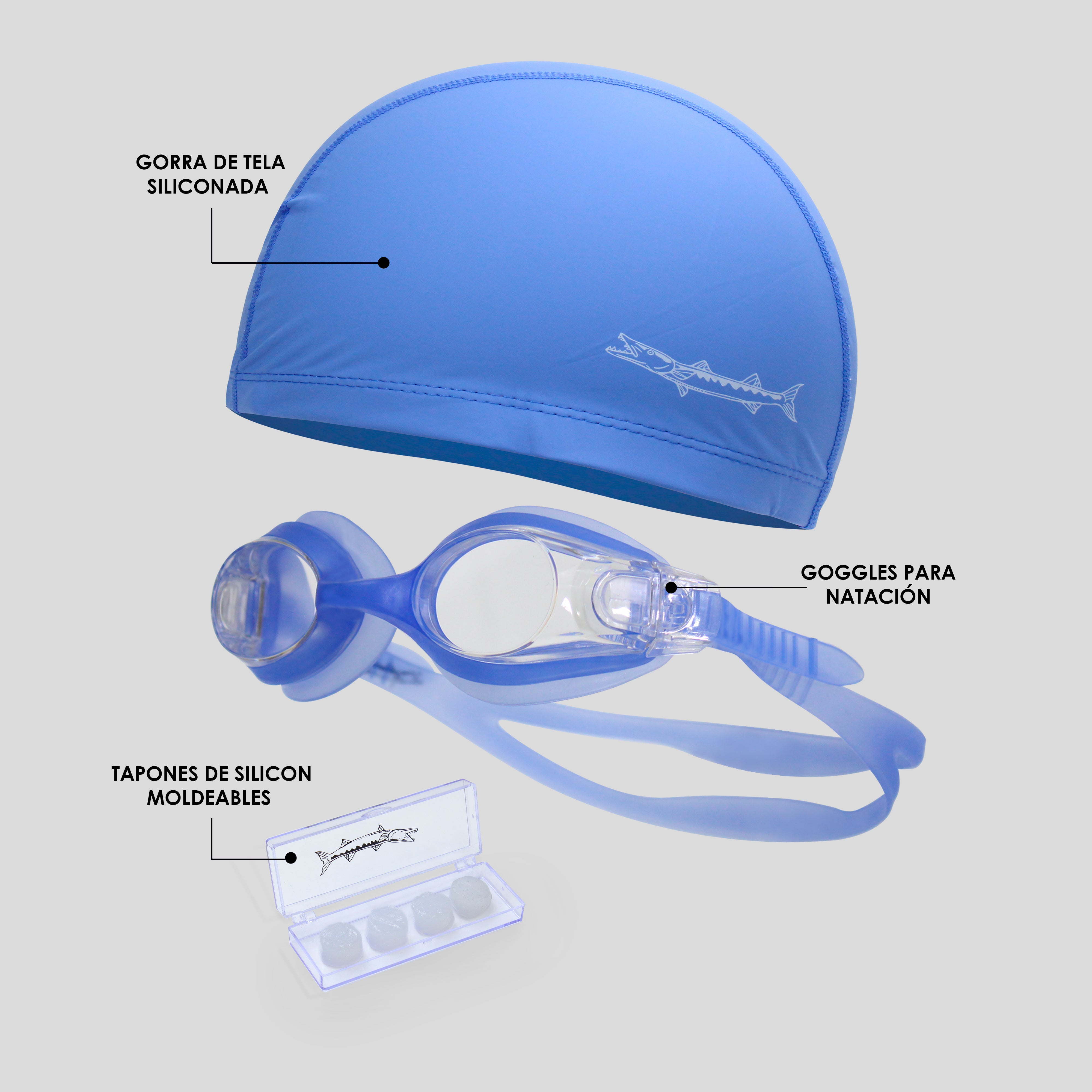 Kit Barracuda de Natación 3 Piezas – Goggle, Gorra de Silicón con Tela y Tapones de Silicón Moldeable para Natación, Entrenamiento y Competición