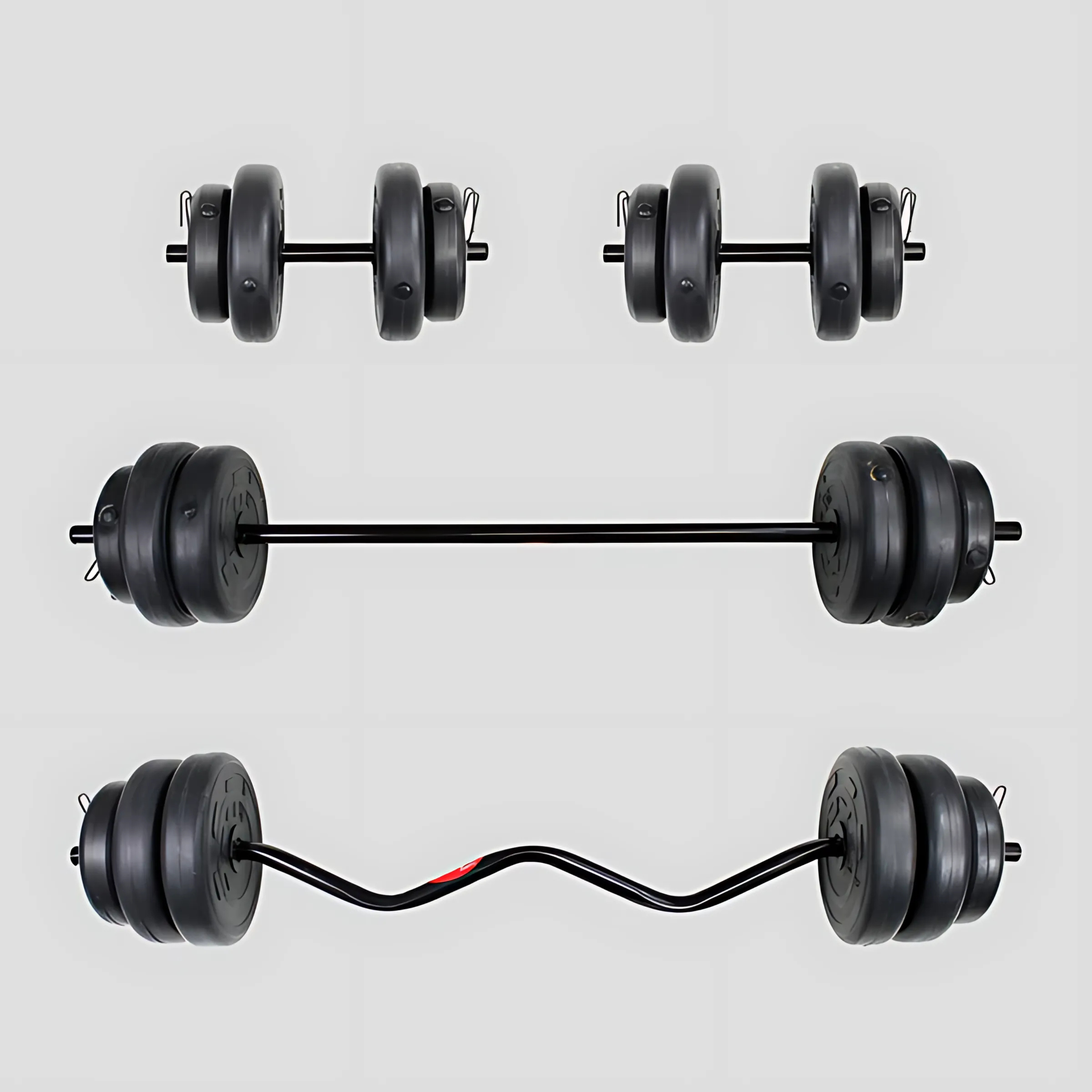 Set De 115LB Con Barra Z Barra Recta Y Mancuernas