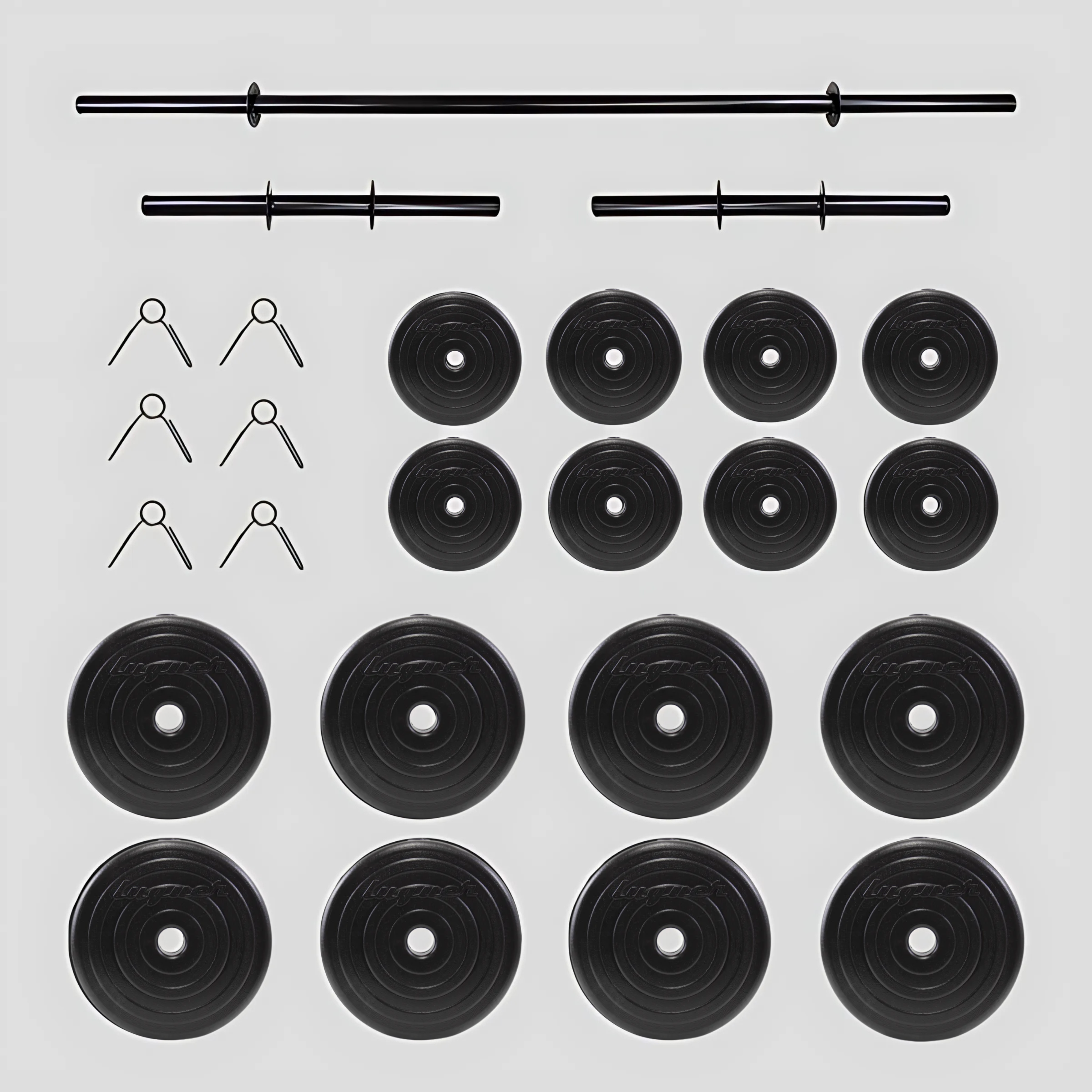 Set Completo De Discos 115lbs Total Con Barra Recta Y Mancuernas