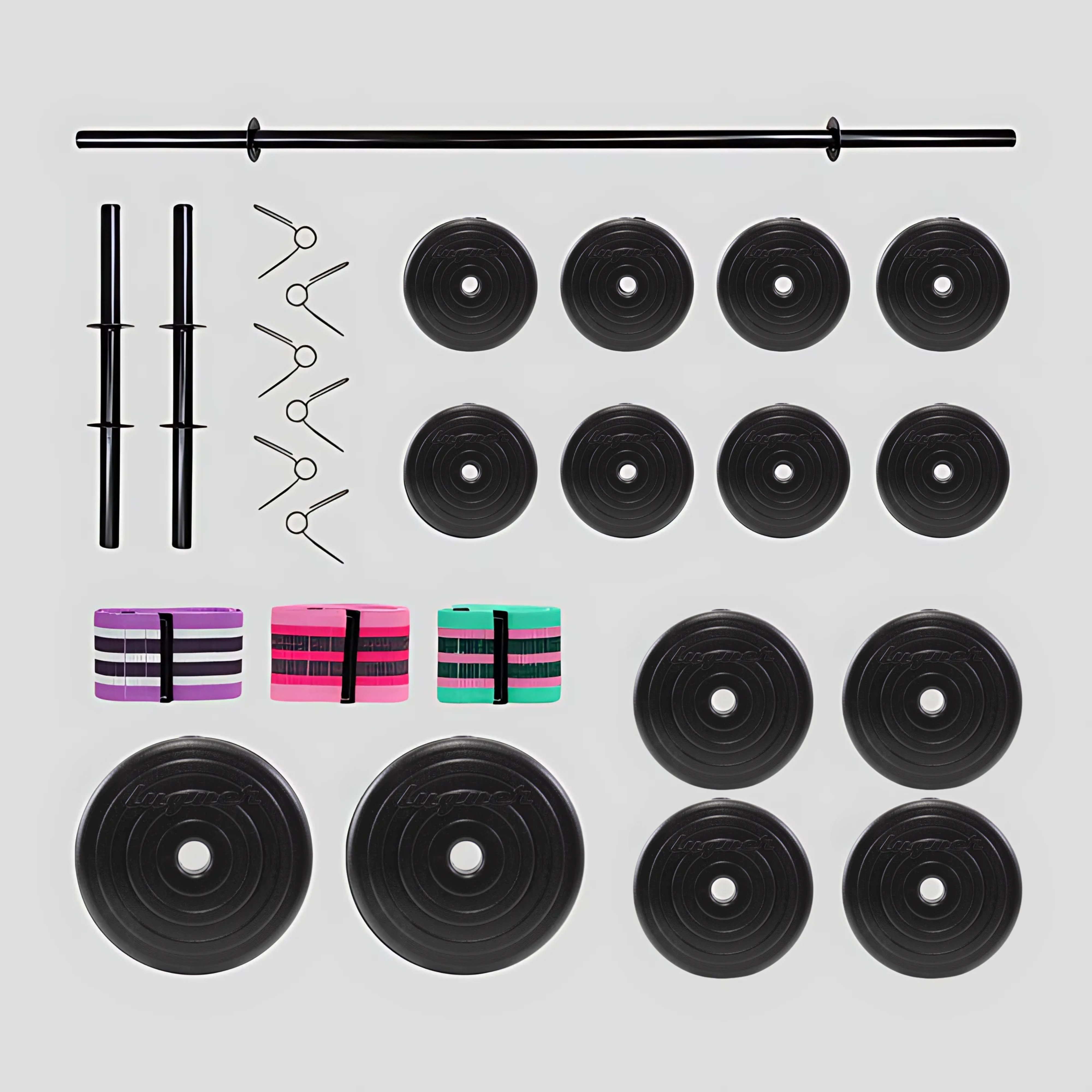 Set De 115lb Con Barra, Mancuernas y Bandas de Diferentes Resistencias