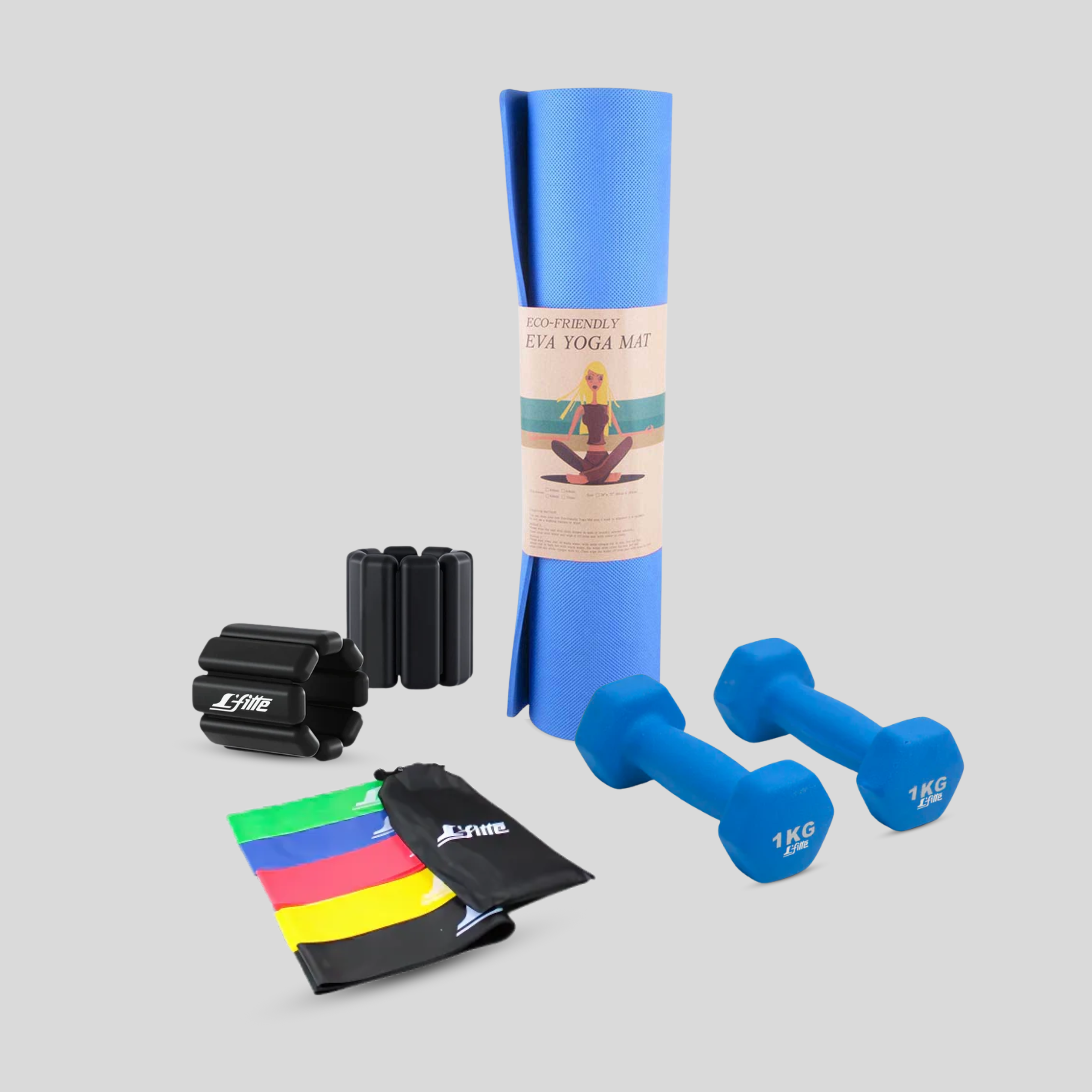 Kit De Ejercicio(Tapete,Ligas,Polainas,Mancuernas)