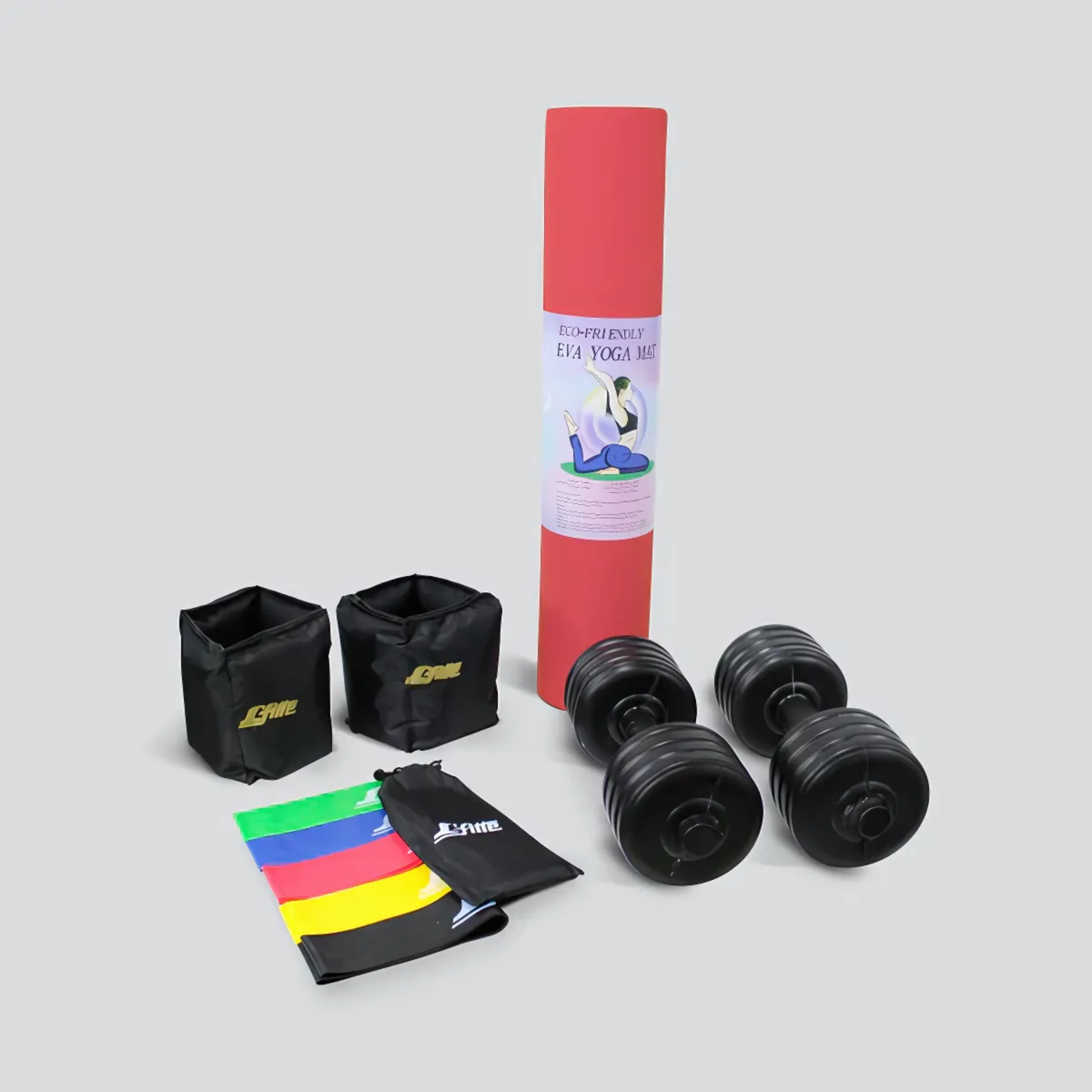 Kit de Ejercicio con Tapete de Fomi EVA, Polainas Ajustables con Velcro de 2 kg, Mancuernas Dobles de 3.5 kg c/u (7 kg total) y 5 Bandas de Resistencia/Ideal para Yoga, Aeróbics y Crossfit