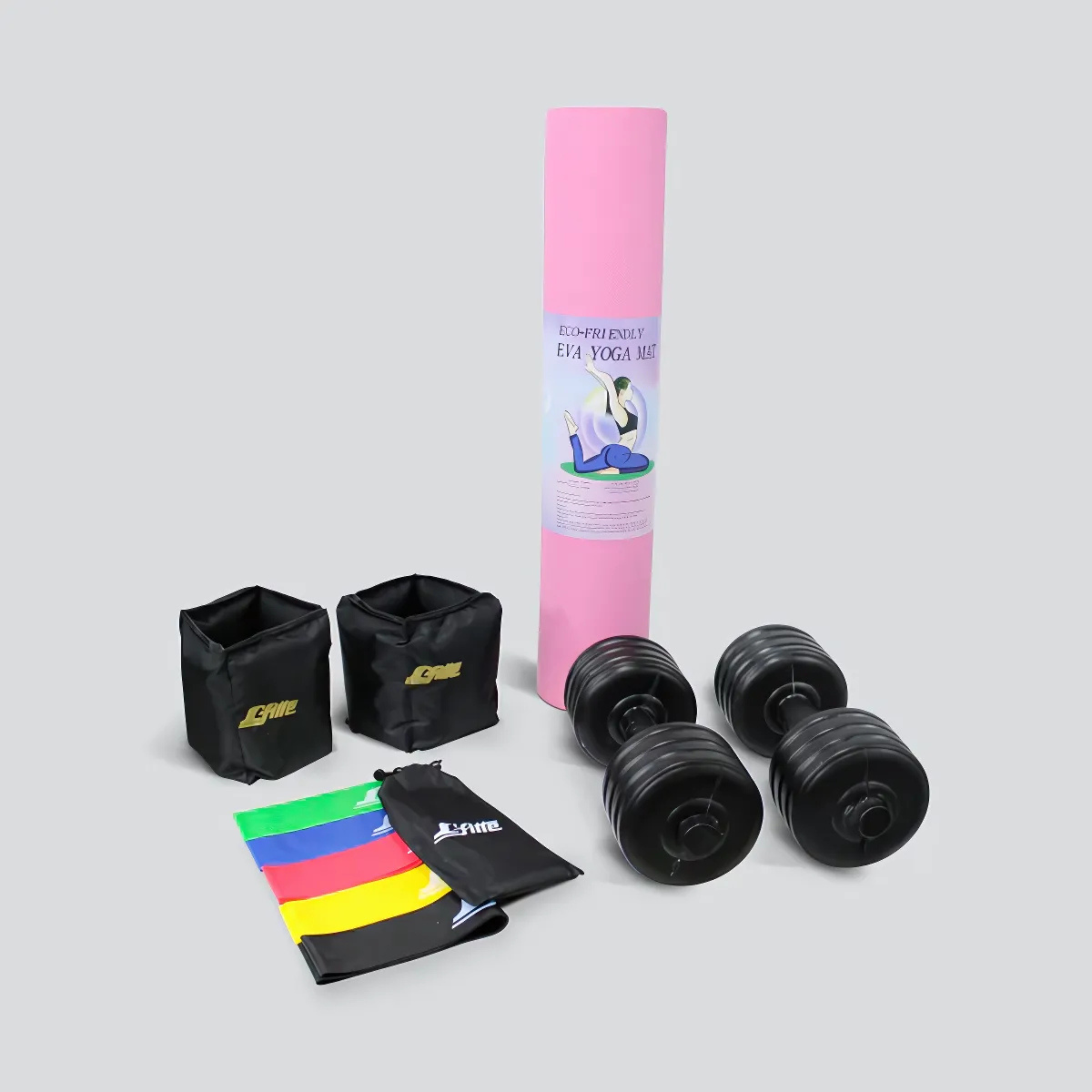 Kit de Ejercicio con Tapete de Fomi EVA, Polainas Ajustables con Velcro de 2 kg, Mancuernas Dobles de 3.5 kg c/u (7 kg total) y 5 Bandas de Resistencia/Ideal para Yoga, Aeróbics y Crossfit