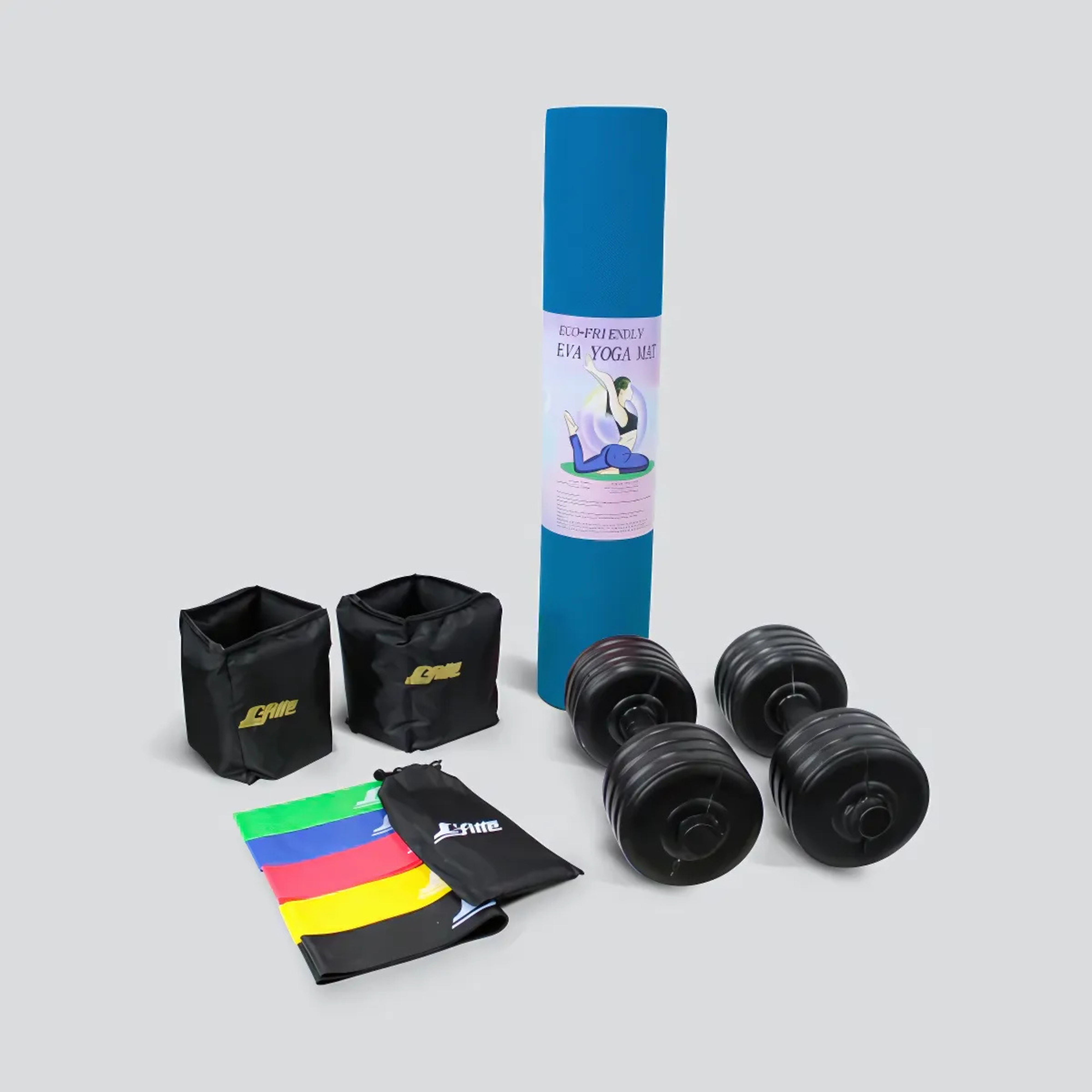 Kit de Ejercicio con Tapete de Fomi EVA, Polainas Ajustables con Velcro de 2 kg, Mancuernas Dobles de 3.5 kg c/u (7 kg total) y 5 Bandas de Resistencia/Ideal para Yoga, Aeróbics y Crossfit