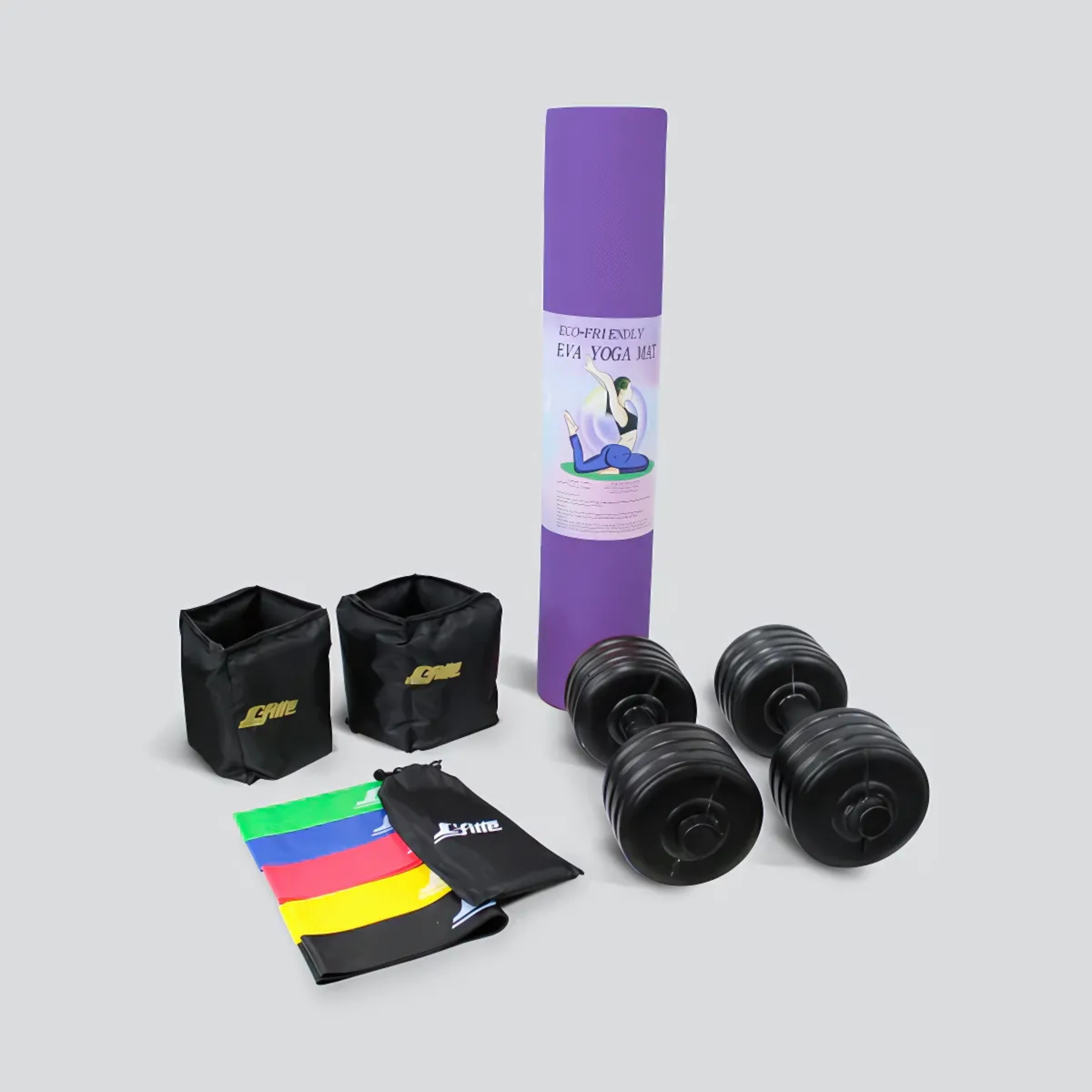 Kit de Ejercicio con Tapete de Fomi EVA, Polainas Ajustables con Velcro de 2 kg, Mancuernas Dobles de 3.5 kg c/u (7 kg total) y 5 Bandas de Resistencia/Ideal para Yoga, Aeróbics y Crossfit