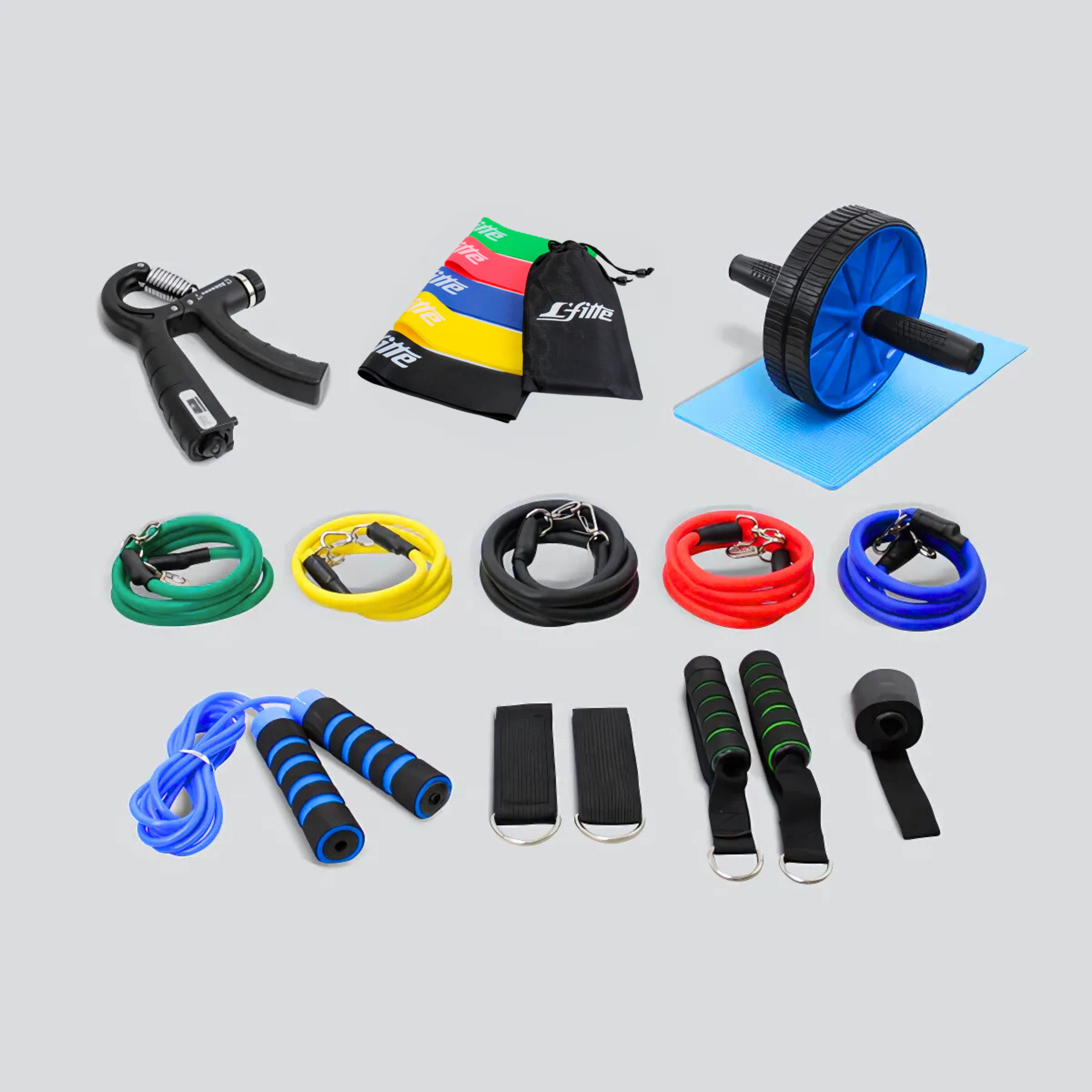 Kit de Ejercicio: Con Cuerda para Saltar, Bandas de Resistencia, Rueda para Abdominales, Set de Ligas Tubulares y Handgrip/Ideal para Fitness, Crossfit, Pilates y Cardio
