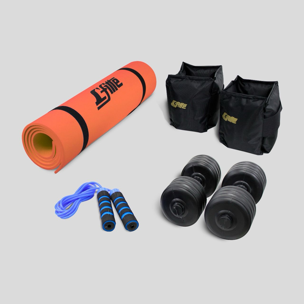 Kit De Ejercicio En Casa – Polainas De Tela 2 kg, Cuerda Para Saltar Con Velcro Y Mango Acojinado, Mancuernas 3.5 kg Y Tapete 150x50 cm