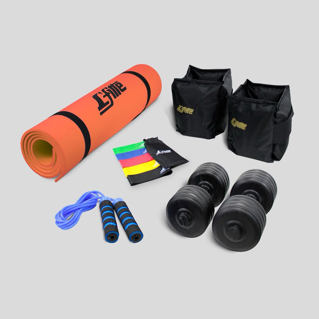 Kit de Polainas 2kg, Cuerda, Set de 5 ligas, Mancuernas 3.5kg y Un Tapete de 1.50m