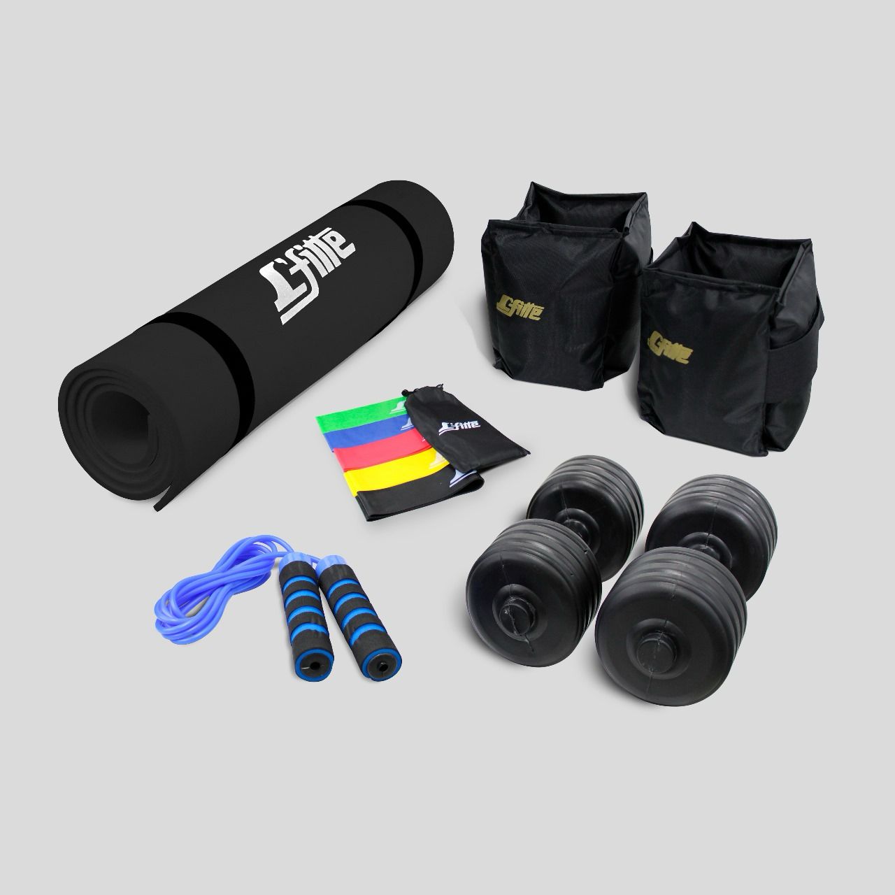 Kit de Polainas 2kg, Cuerda, Set de 5 ligas, Mancuernas 3.5kg y Un Tapete de 1.50m