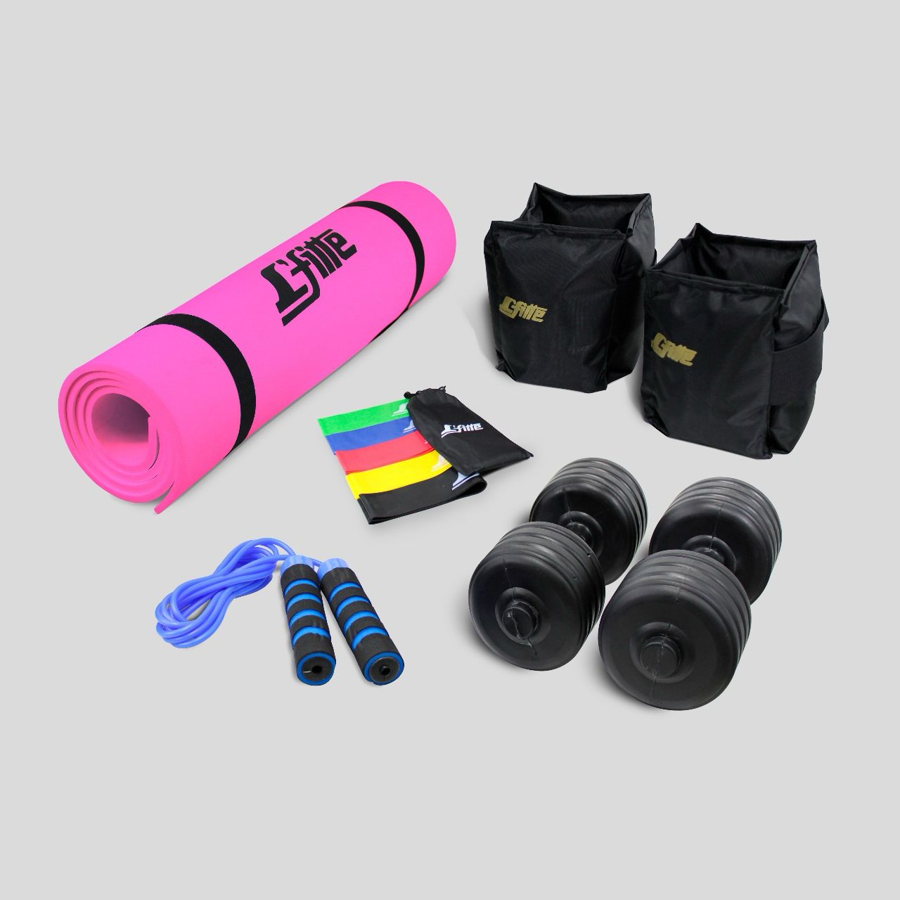 Kit de Polainas 2kg, Cuerda, Set de 5 ligas, Mancuernas 3.5kg y Un Tapete de 1.50m