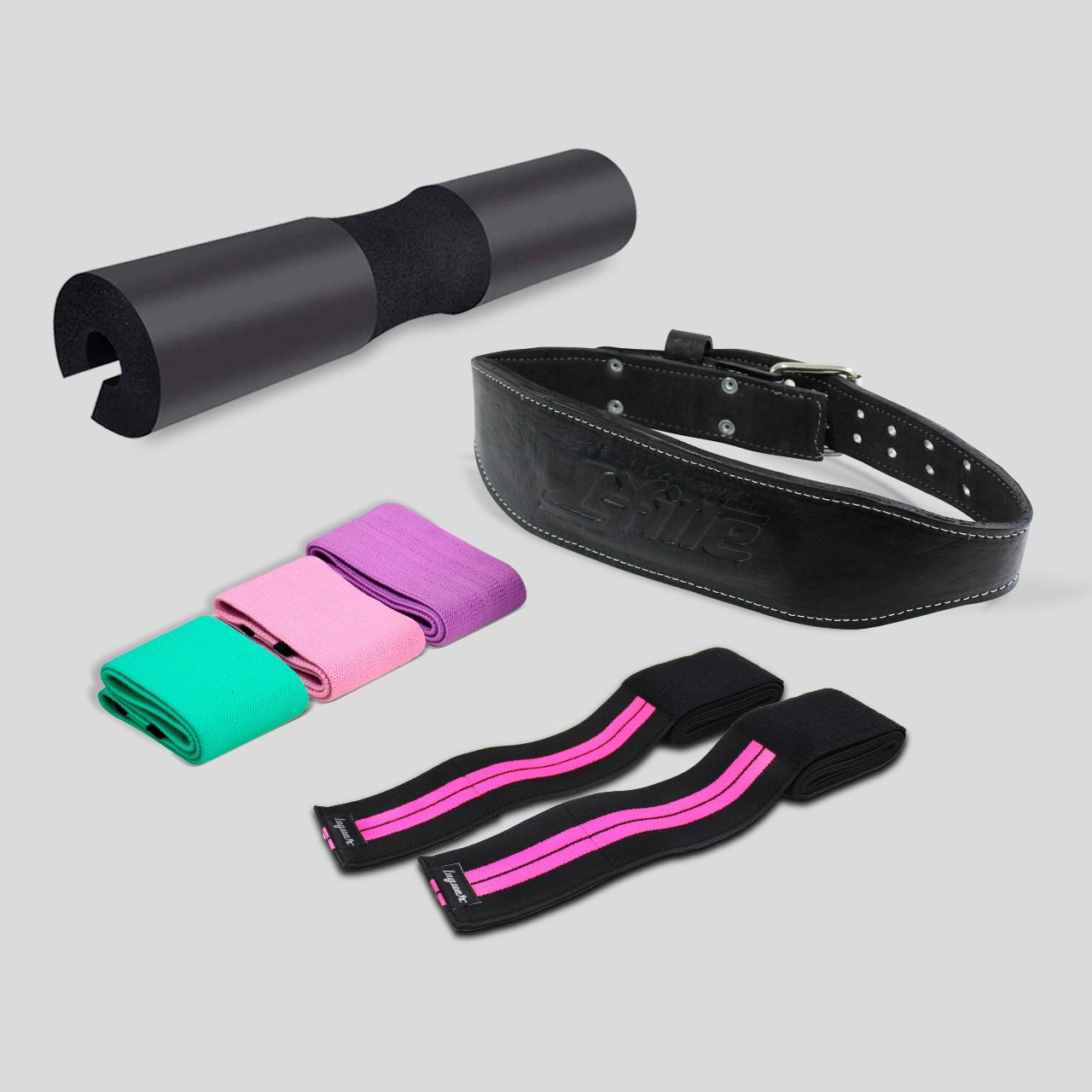 Kit de Entrenamiento con Esponja para Barra, Faja de Vaqueta con Cierre Ajustable,Vendas para Rodillas y 3 Bandas de Tela para Fortalecimiento y Flexibilidad