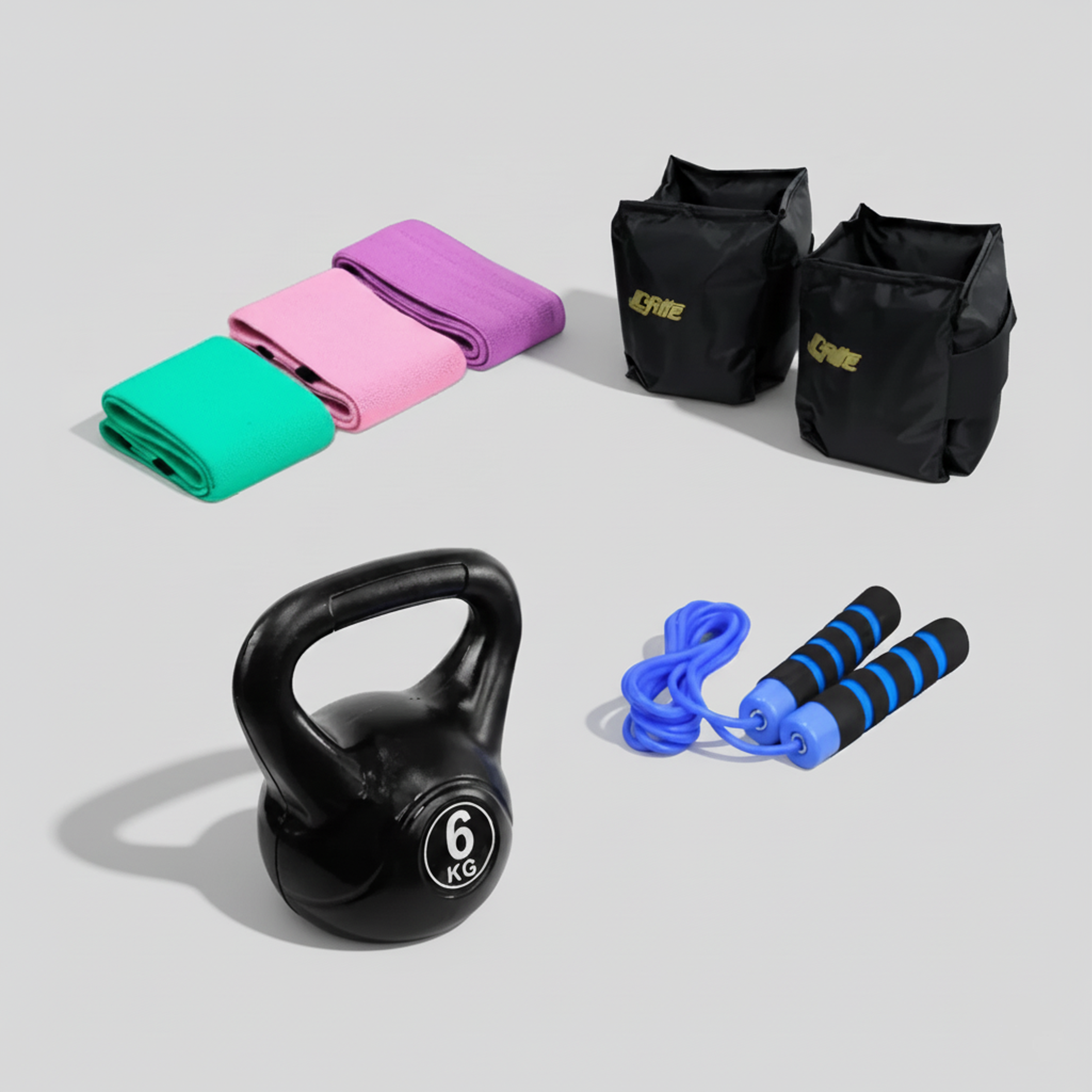 Kit De Polainas 2kg, Pesa Rusa 6 Kg, 3 Bandas De Resistencia Y Cuerda De Neopreno