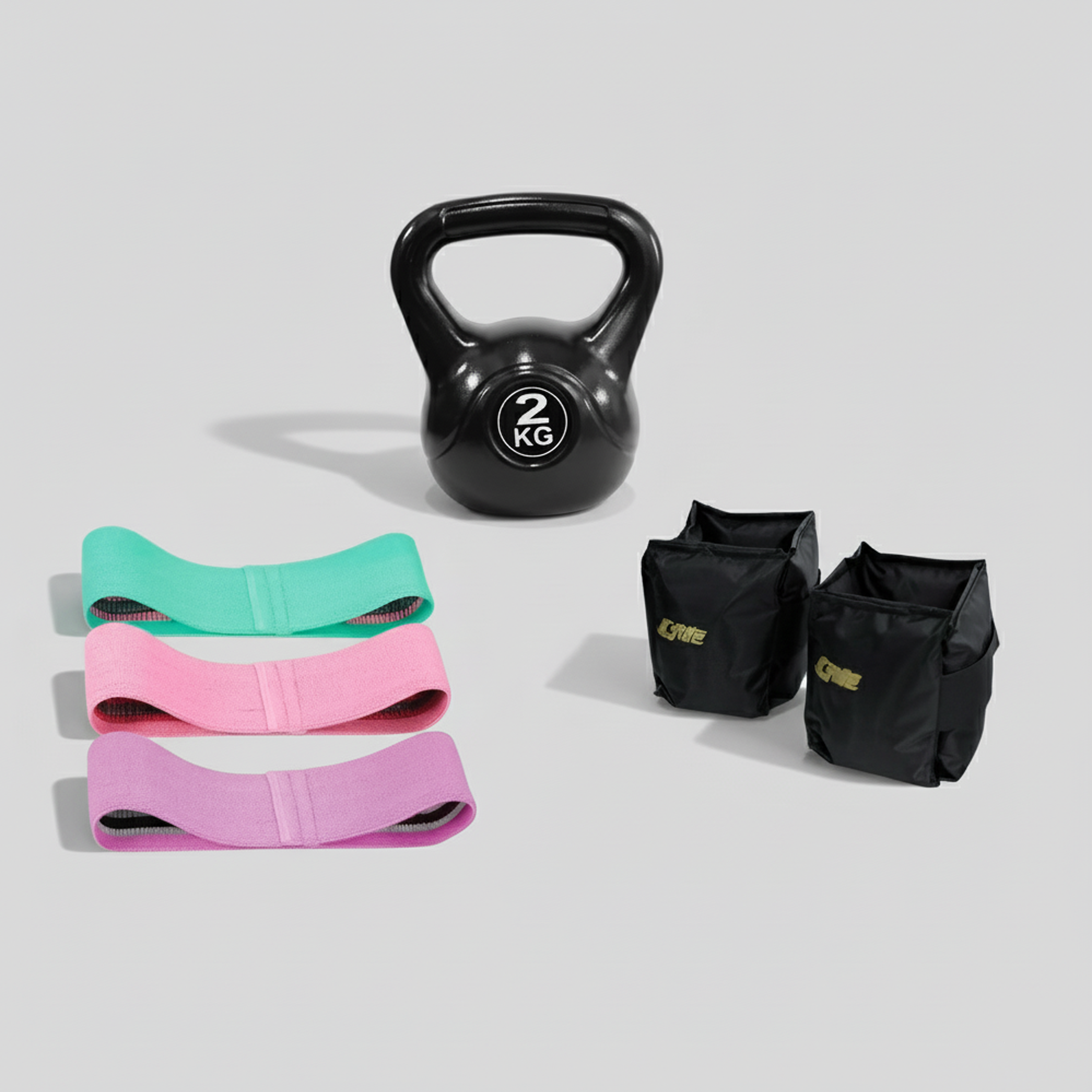 Kit Completo de Entrenamiento: Polainas de 2 kg Para Fuerza y Resistencia Con Velcro, 3 Ligas de Tela Con Diferentes Niveles de Resistencia Para Ejercicios Funcionales, y Pesa Rusa de 2 kg Para Rutinas de Fuerza