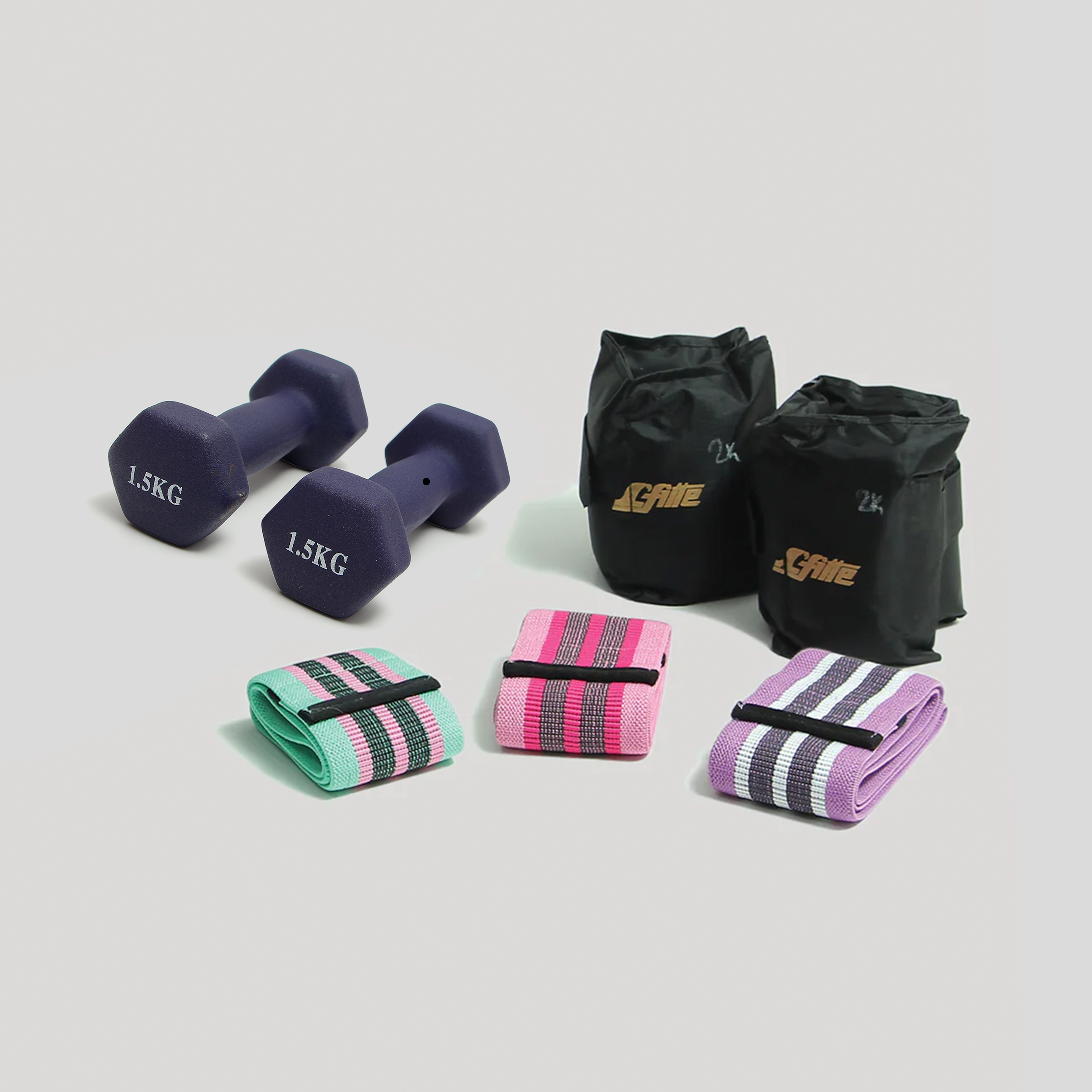 Kit de Entrenamiento:Polainas con Velcro 2kg, 3 Bandas de Tela con Resistencias y Mancuernas Forradas de 1.5kg para Ejercicio en Casa, Yoga y Rehabilitación