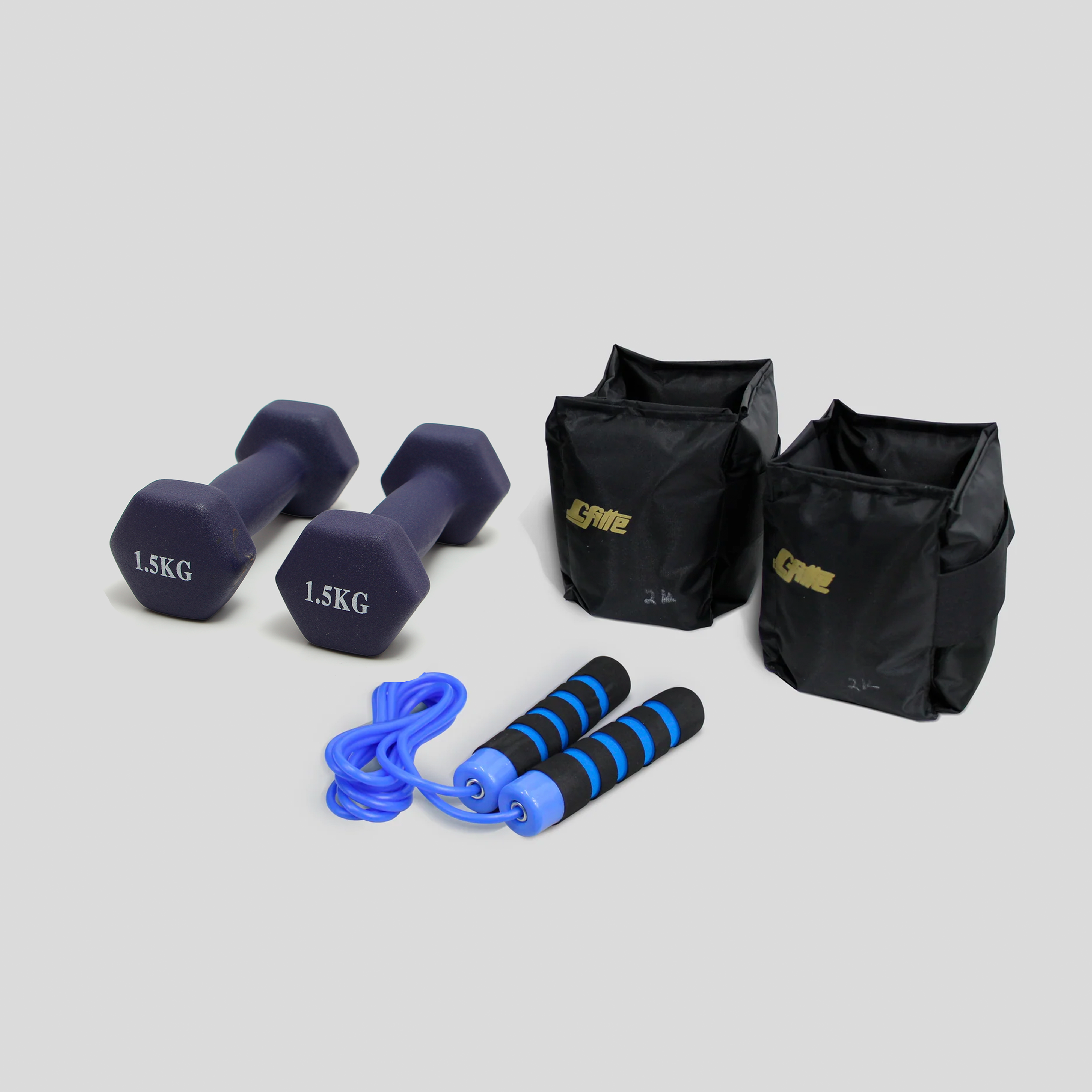 Kit Con Cuerda De Neopreno, Un Par De Mancuernas 1.5 kg y Un Par De Polainas 2kg