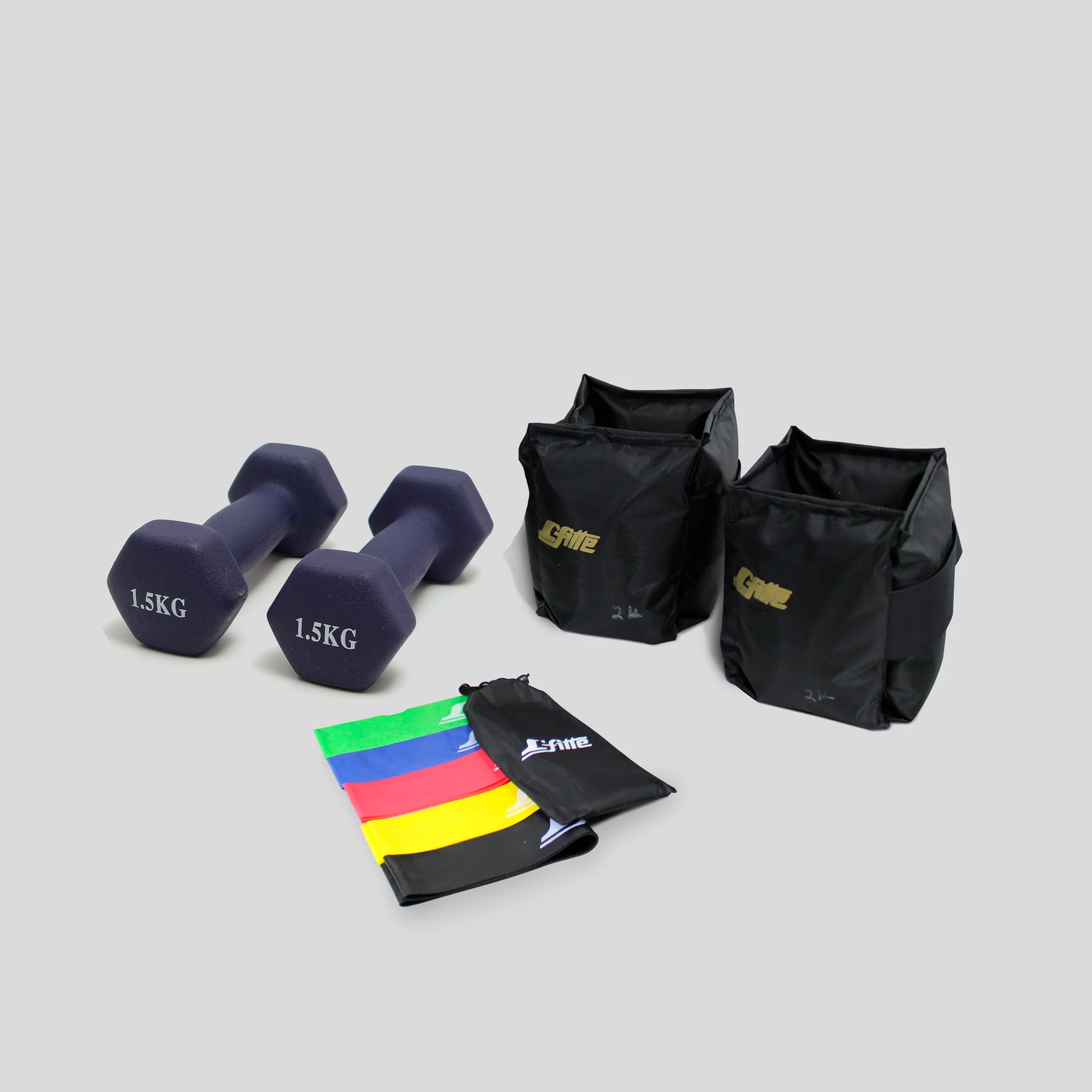 Kit de Ejercicio Completo:Mancuernas Forradas 1.5kg, Polainas con Velcro 2kg y Set de 5 Ligas de Látex con Diferentes Resistencias para Entrenamiento en Casa, Yoga y Rehabilitació