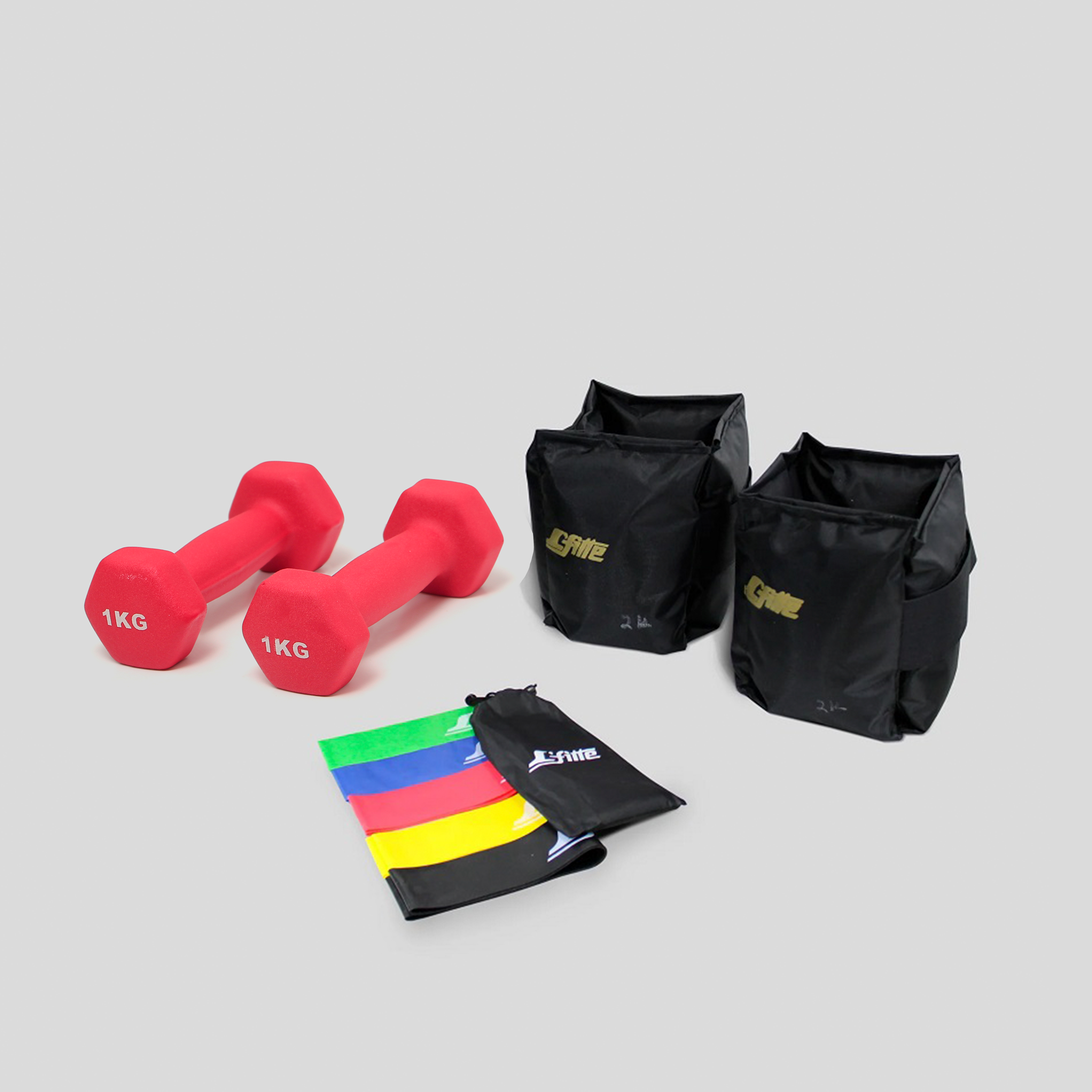 Kit Deportivo:Mancuernas 1kg, Polainas con Velcro 2kg y 5 Bandas de Látex con Diferentes Tensiones para Rehabilitación y Entrenamiento