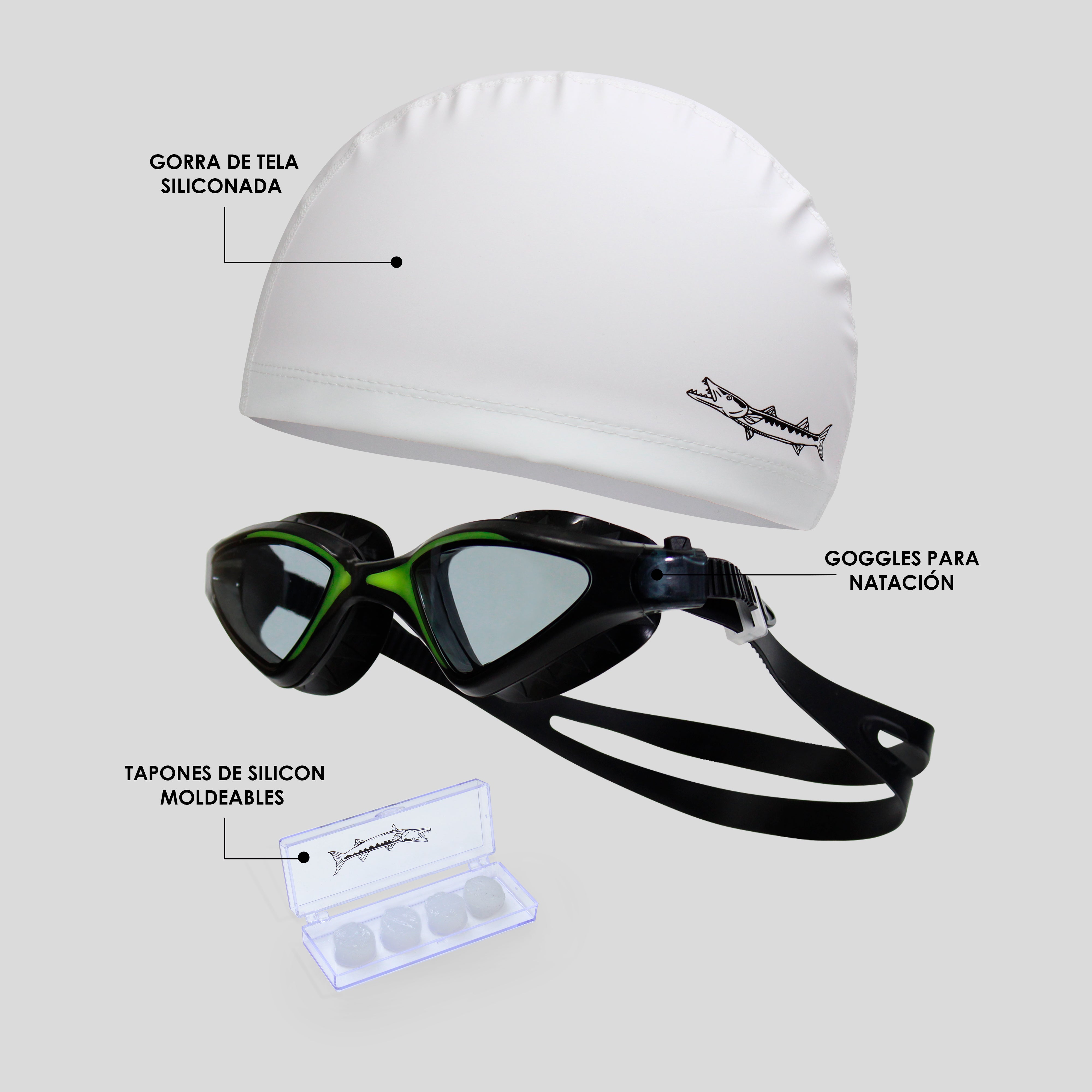 Kit Barracuda de Natación 3 Piezas – Goggle, Gorra de Silicón con Tela y Tapones de Silicón Moldeable para Natación, Entrenamiento y Competición