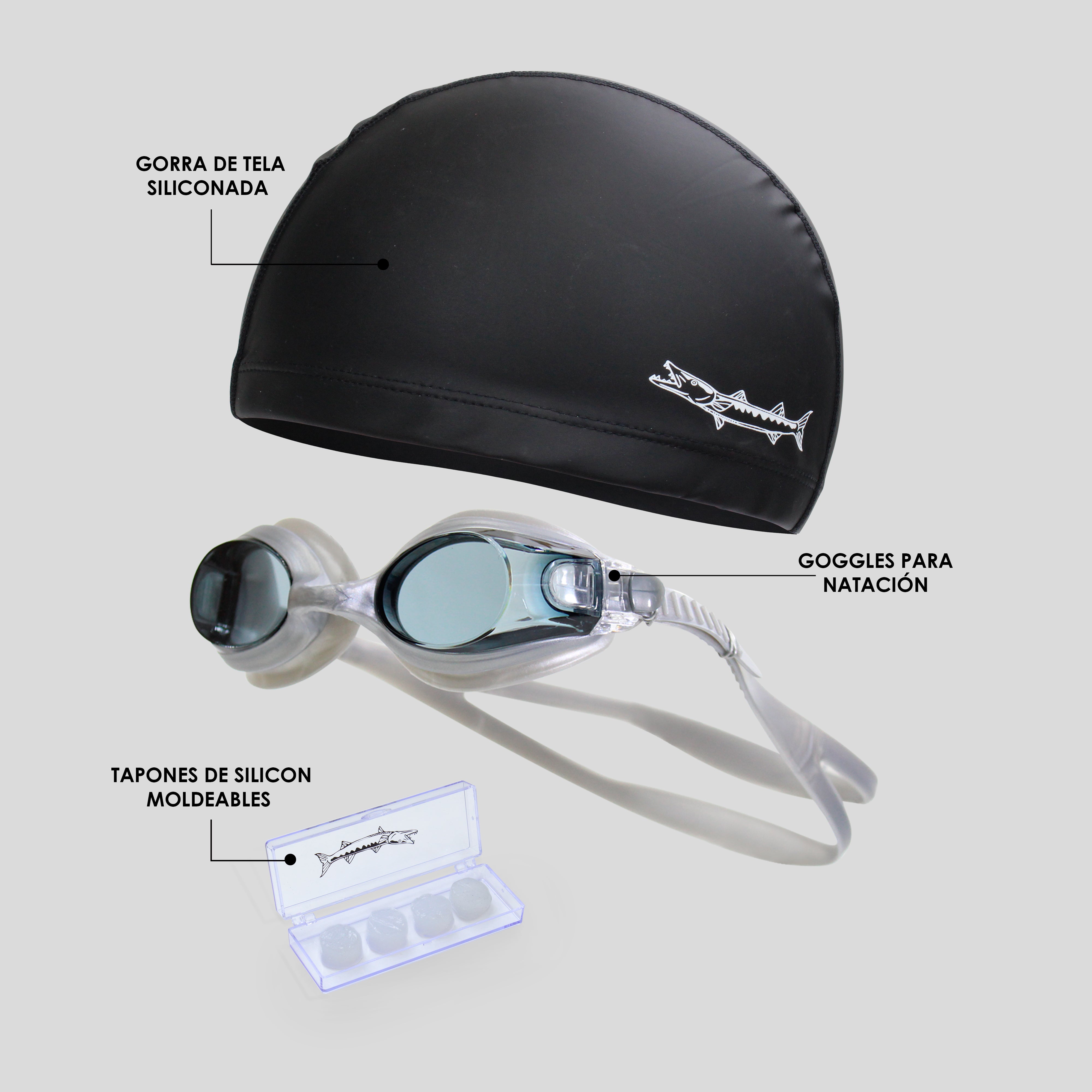 Kit Barracuda de Natación 3 Piezas – Goggle, Gorra de Silicón con Tela y Tapones de Silicón Moldeable para Natación, Entrenamiento y Competición