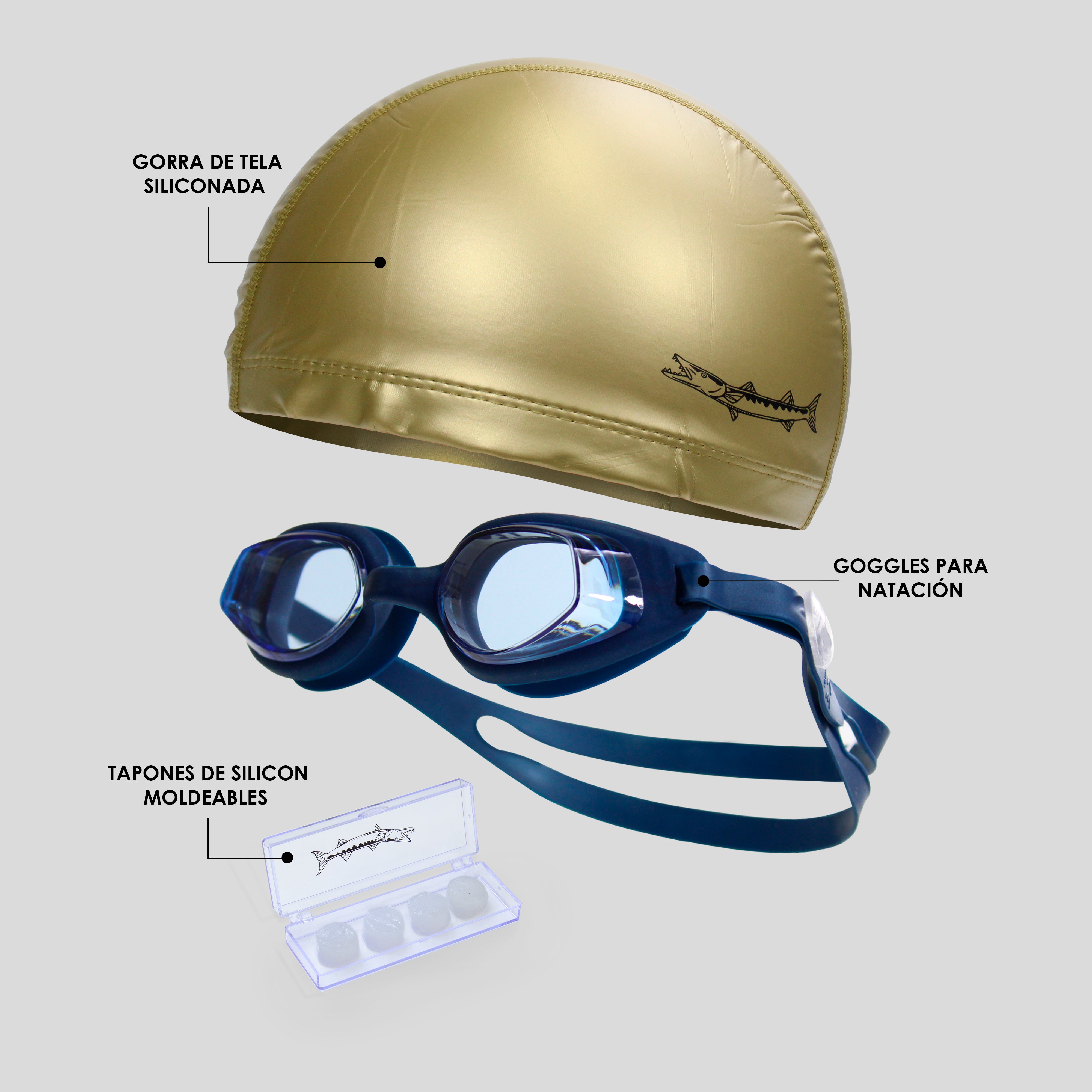 Kit Barracuda de Natación 3 Piezas – Goggles, Gorra de Silicón con Tela y Tapones Moldeables de Silicón para Entrenamiento y Competencia