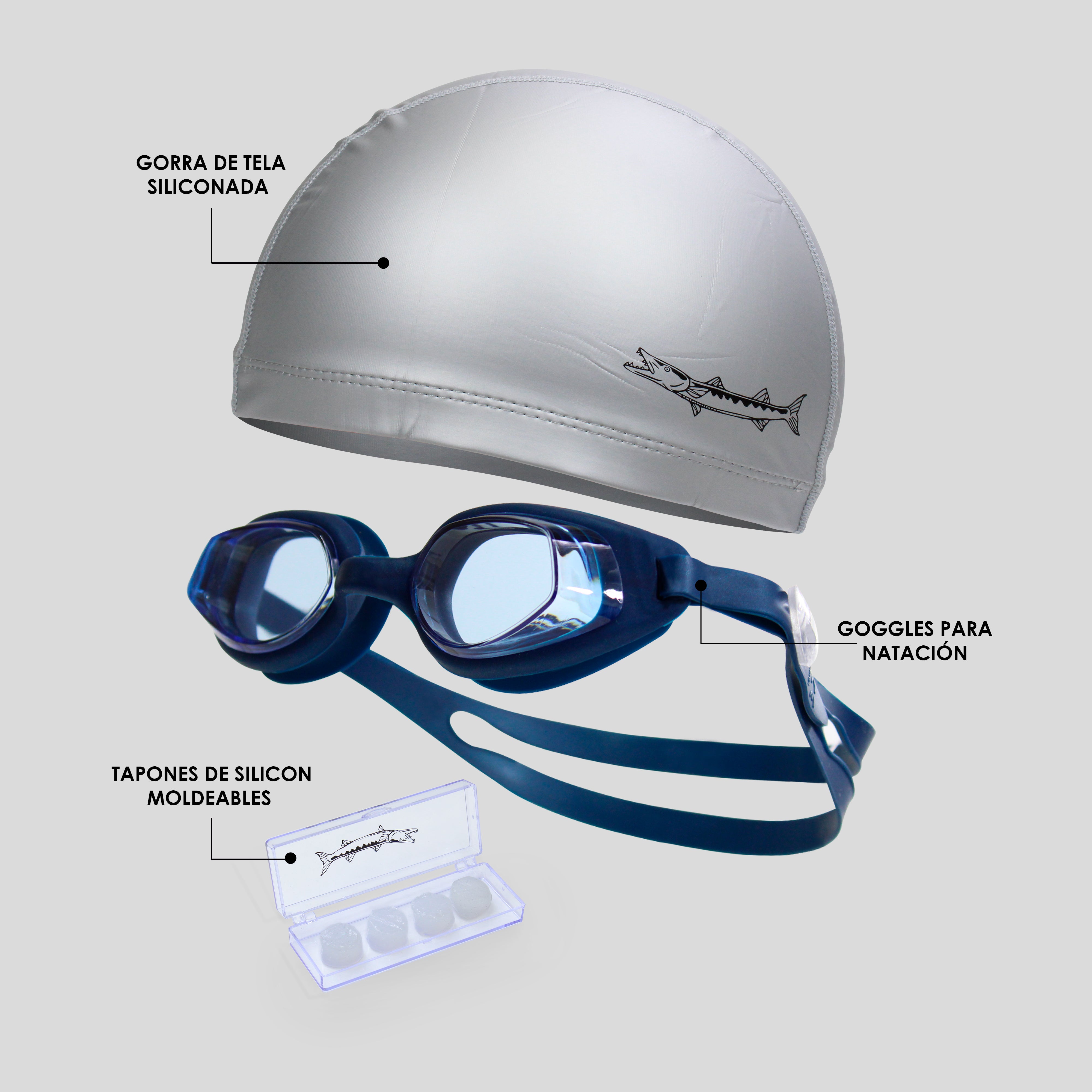 Kit Barracuda de Natación 3 Piezas – Goggles, Gorra de Silicón con Tela y Tapones Moldeables de Silicón para Entrenamiento y Competencia