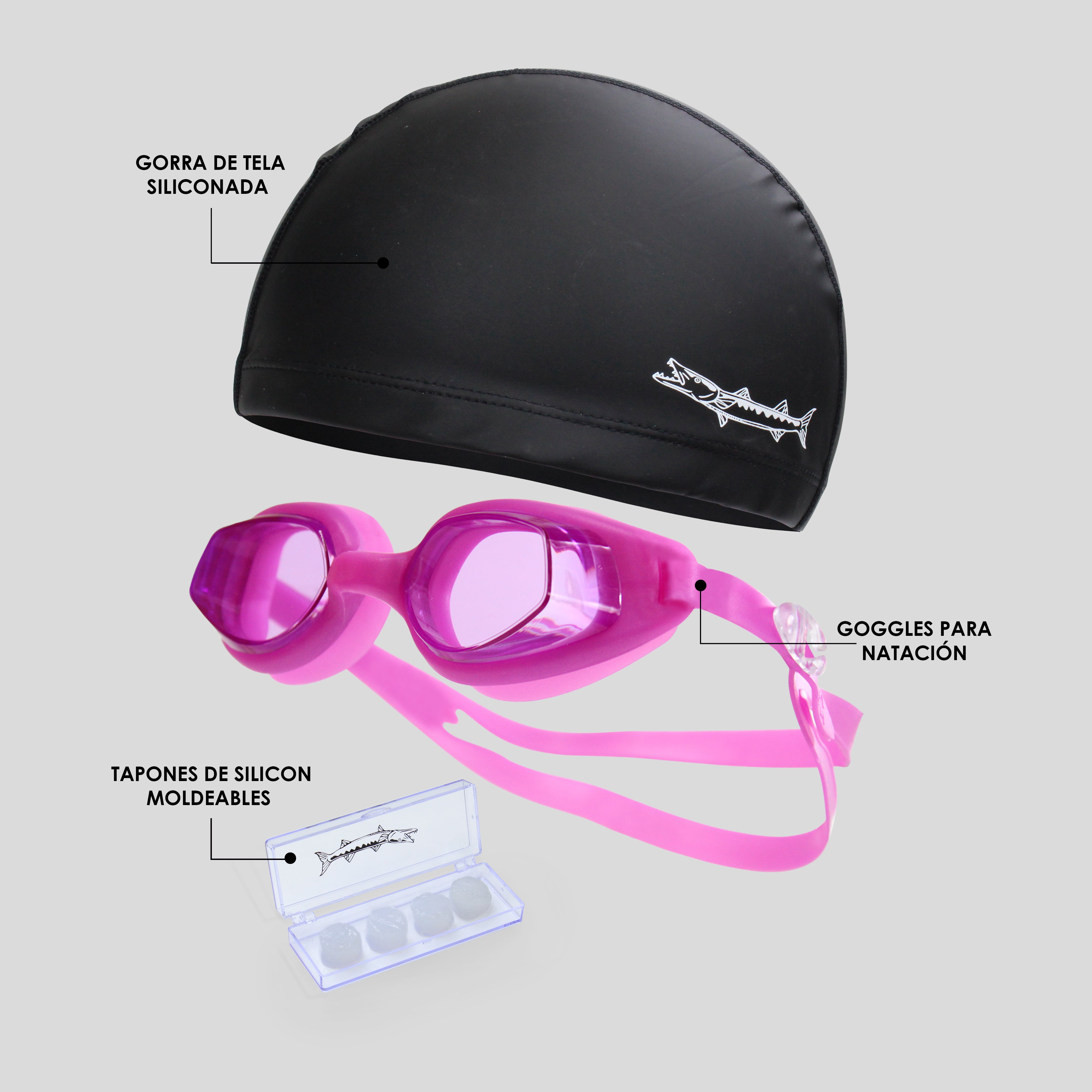 Kit Barracuda de Natación 3 Piezas – Goggles, Gorra de Silicón con Tela y Tapones Moldeables de Silicón para Entrenamiento y Competencia