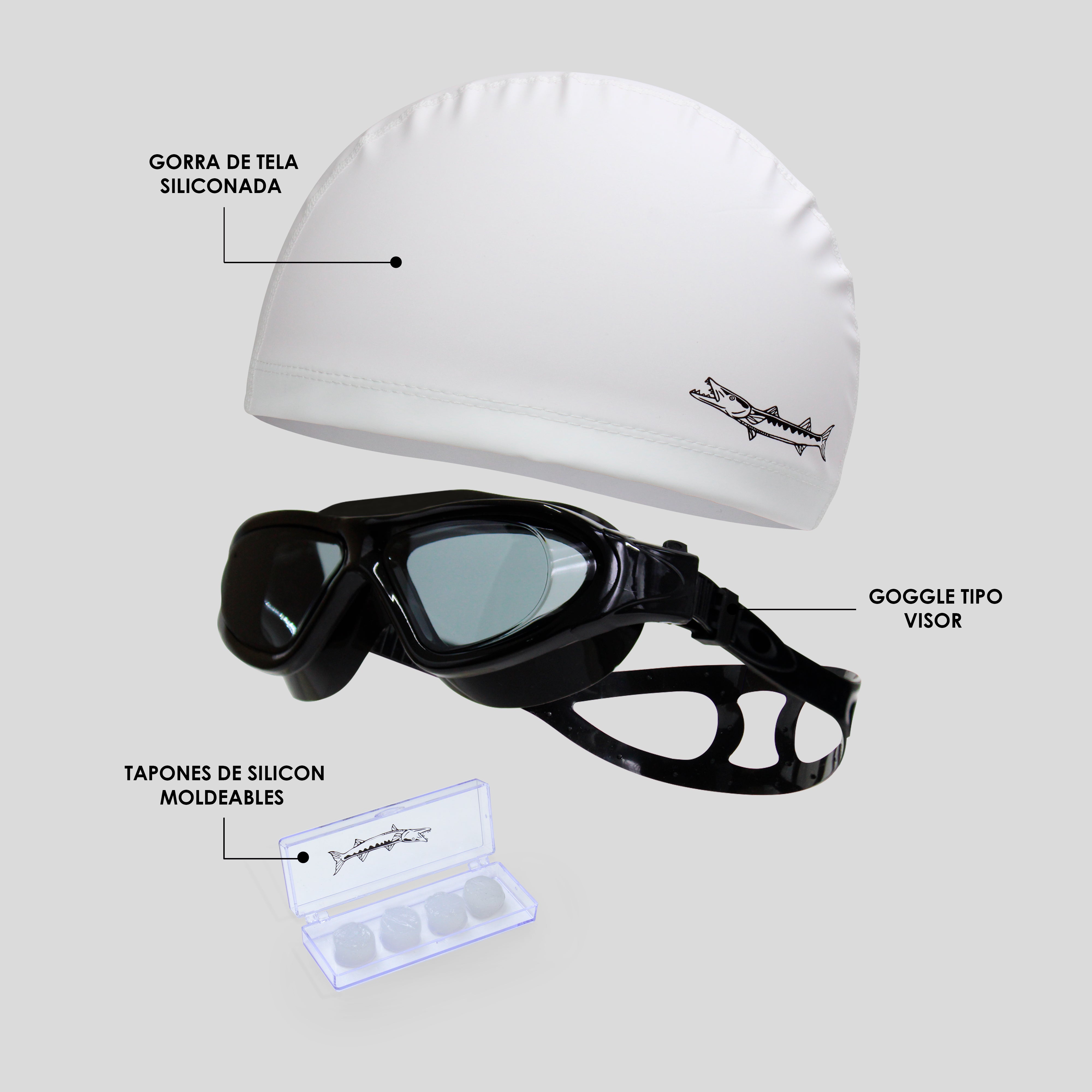 Set Barracuda para Natación/Goggles Amplios Tipo Visor, Gorra Reforzada con Tela y Tapones Moldeables
