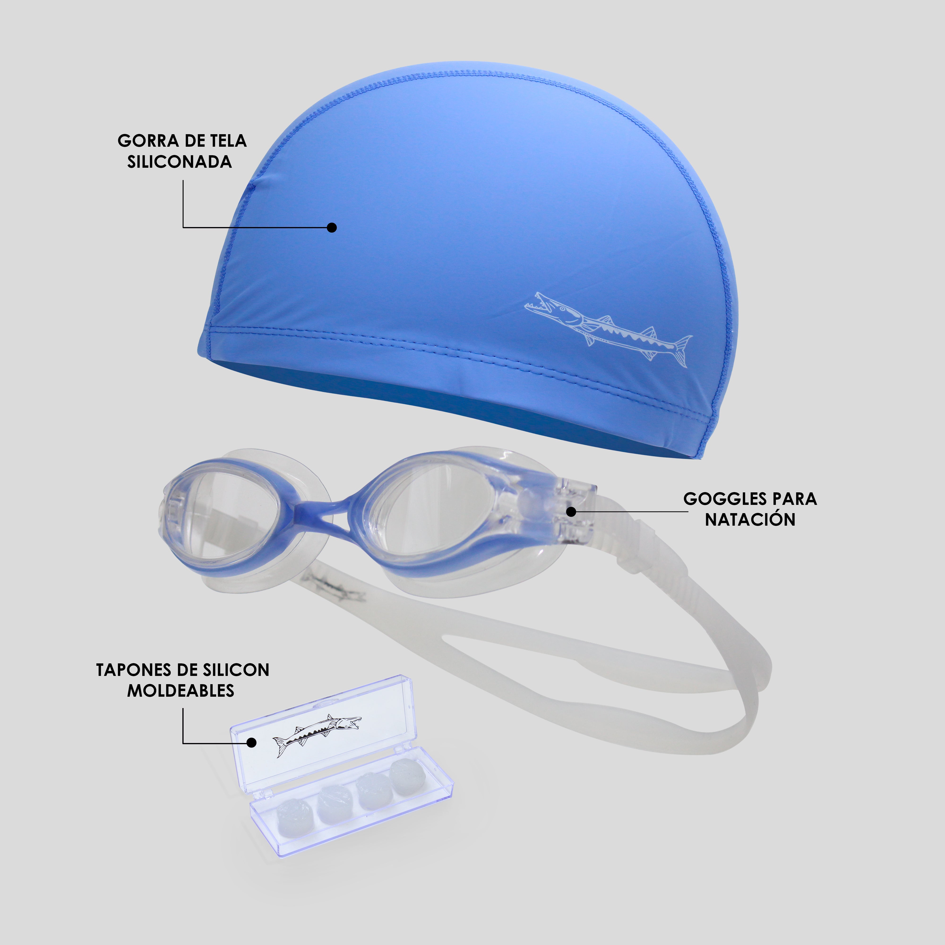 Set Barracuda/Goggles,Gorra De Silicon Con Tela Reforzada y Tapones Moldeables de Silicón