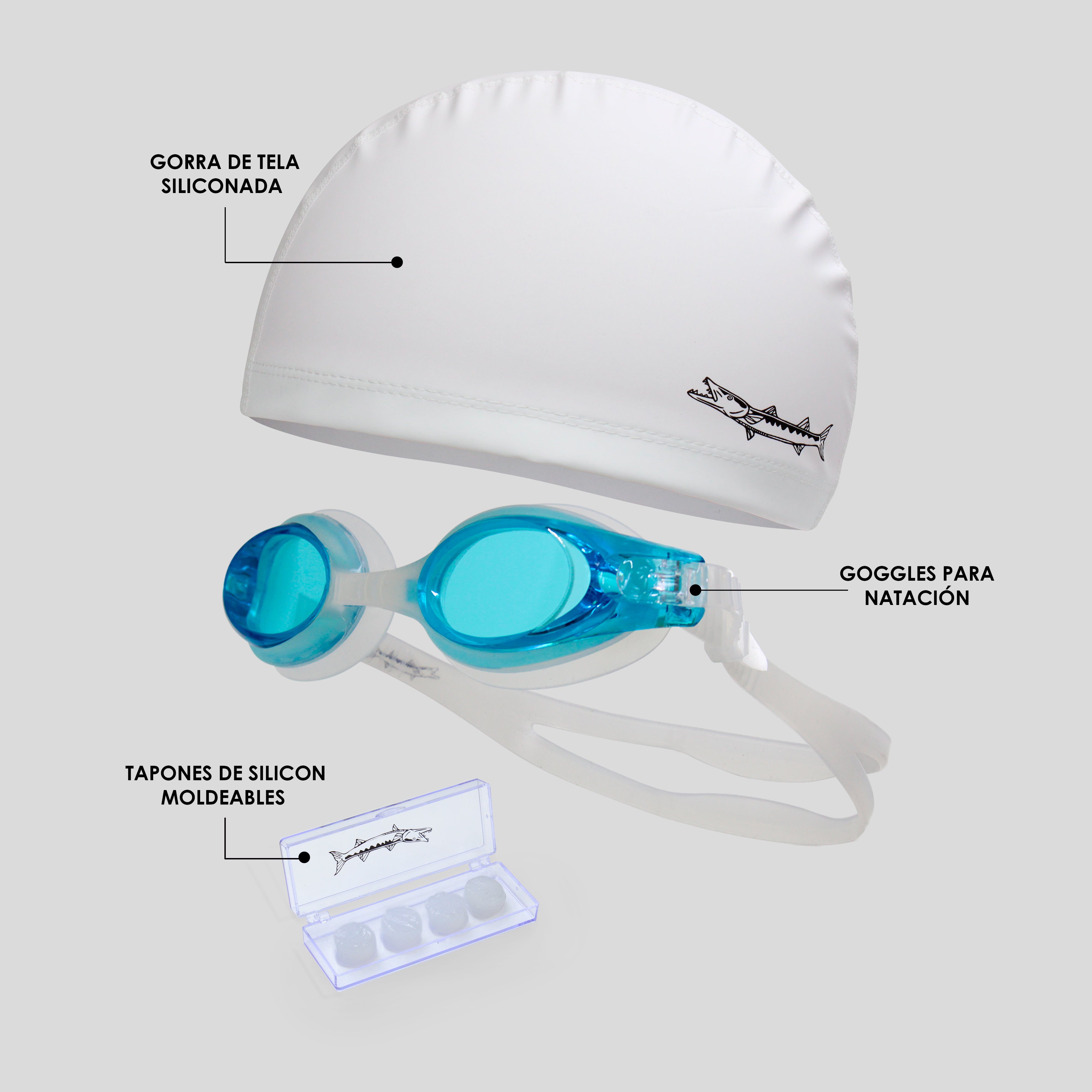 Kit Barracuda de Natación 3 Piezas – Goggles, Gorra de Silicón con Tela y Tapones Moldeables de Silicón para Entrenamiento y Competencia