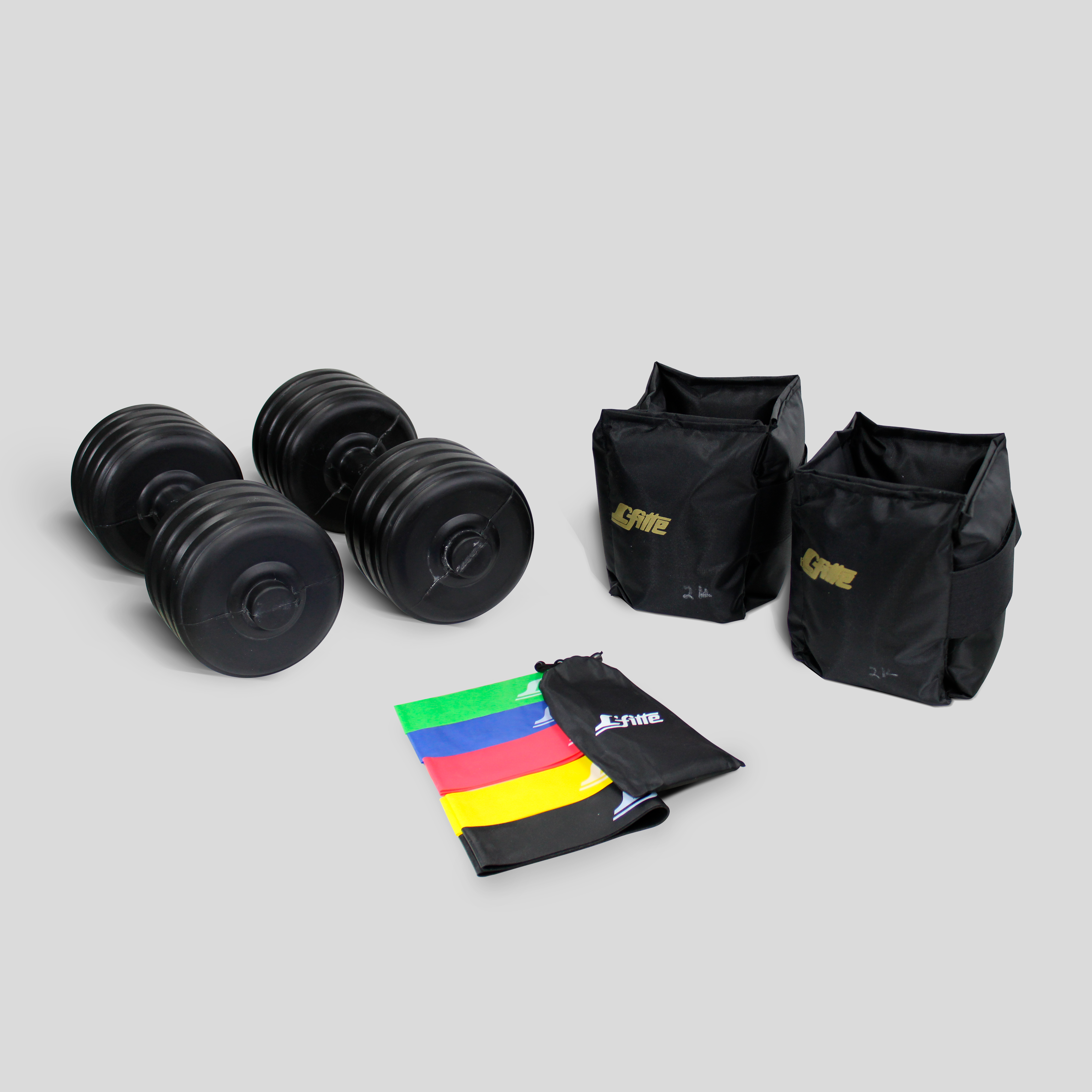 Kit de Mancuernas de Plástico Rellenas de 3.5 kg Cada Una, Polainas con Velcro Ajustable de 2 kg y Set de 5 Ligas con Diferentes Tensiones para Entrenamiento Funcional