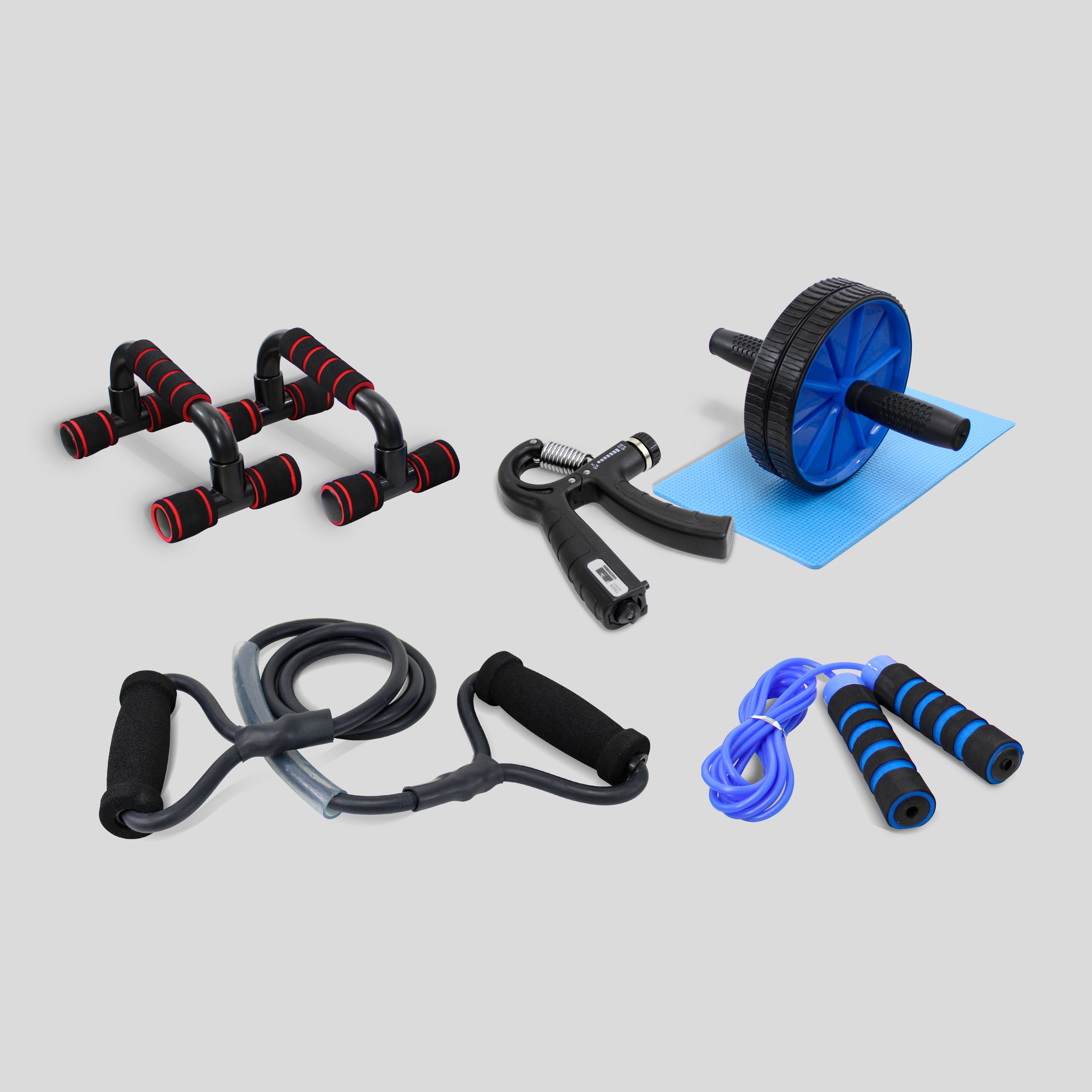 Kit de Ejercicio con Rueda Abdominal con Tapete, Liga Larga de Resistencia, Cuerda para Saltar, Lagartijera Acolchonada y Ejercitador de Mano con Tensión de 5 a 60kg