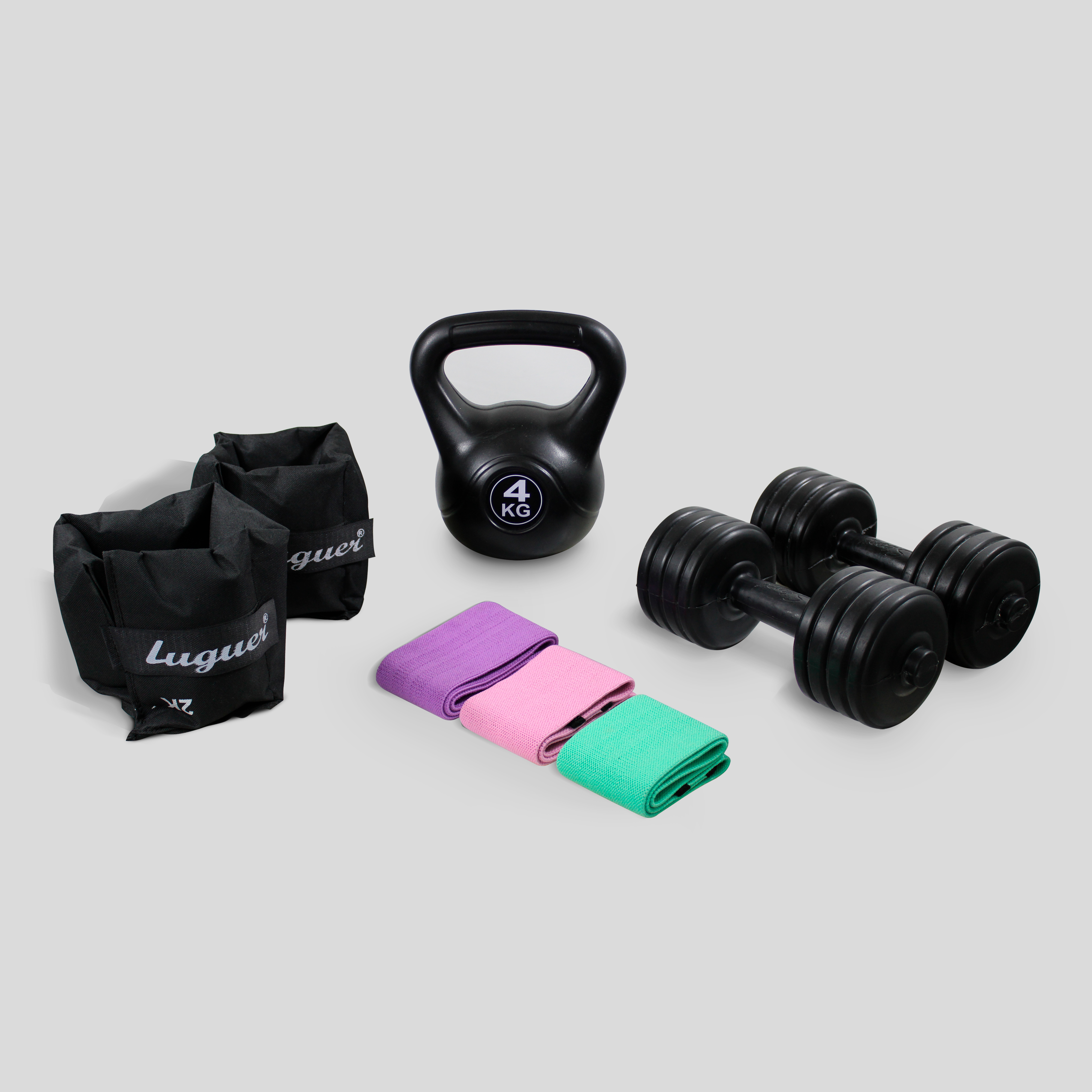 Kit de Entrenamiento con Polainas Ajustables de 2 kg, Mancuernas Dobles de 3.5 kg c/u (7 kg total), Pesa Rusa (Kettlebell) de 4 kg y 3 Bandas de Tela con Diferentes Tensiones