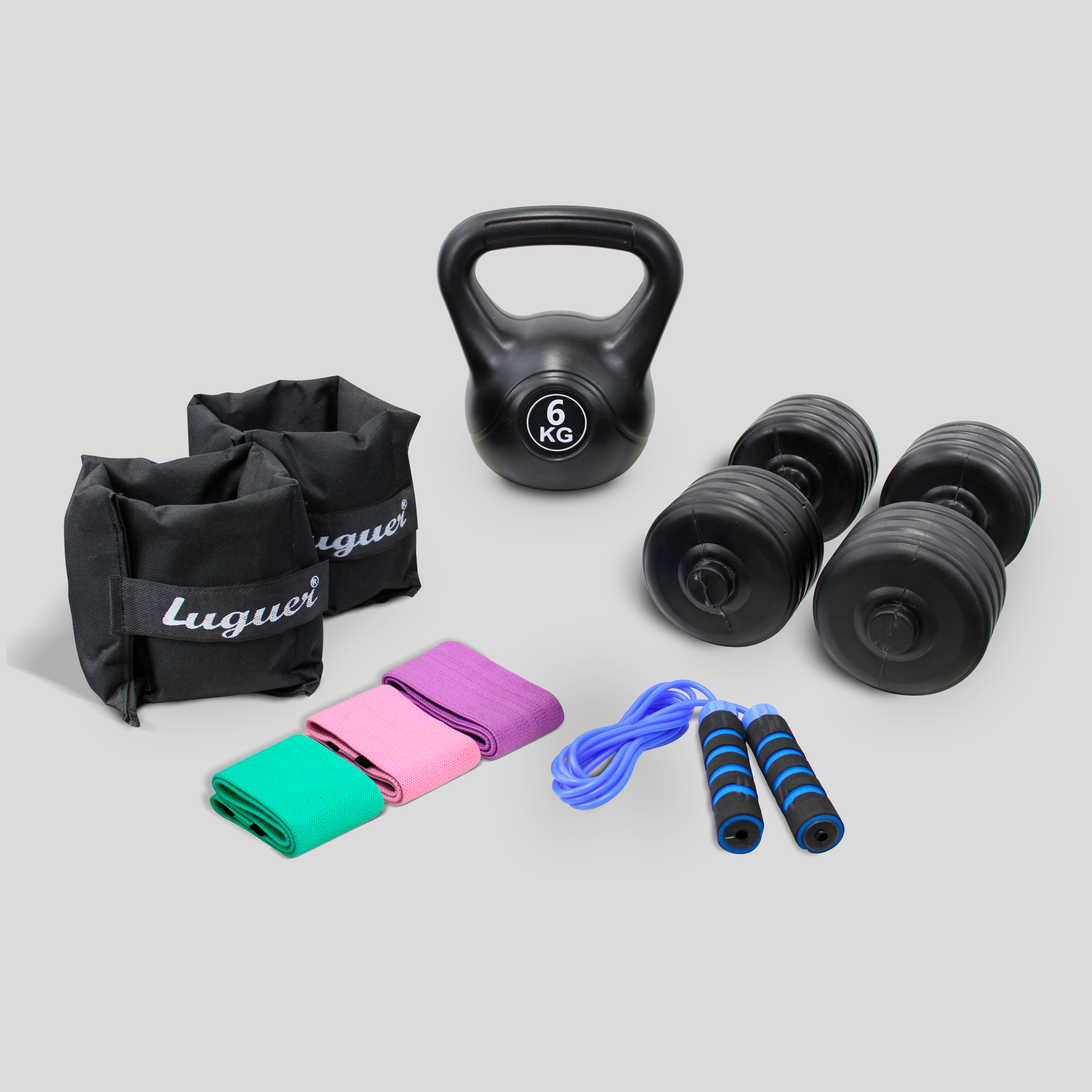Kit de Entrenamiento con Polainas Ajustables de 2 kg, Mancuernas Dobles de 3.5 kg c/u (7 kg total), Pesa Rusa de 6 kg, 3 Bandas de Resistencia y Cuerda con Balero