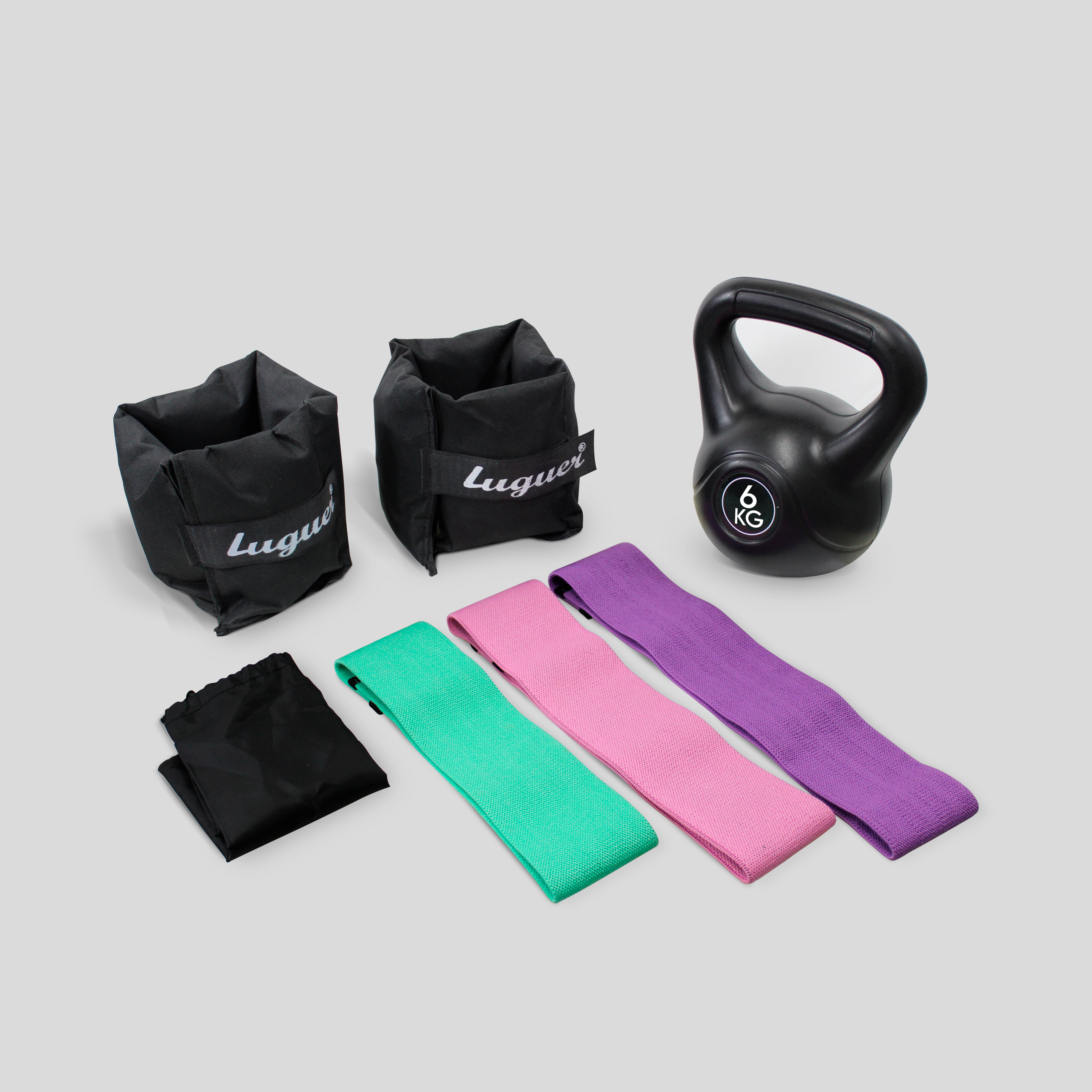 Kit De Entrenamiento En Casa – Pesa Rusa Plástica De 6 kg, Par De Polainas De Tela 2 kg C/U Y 3 Bandas De Tela De Diferente Resistencia