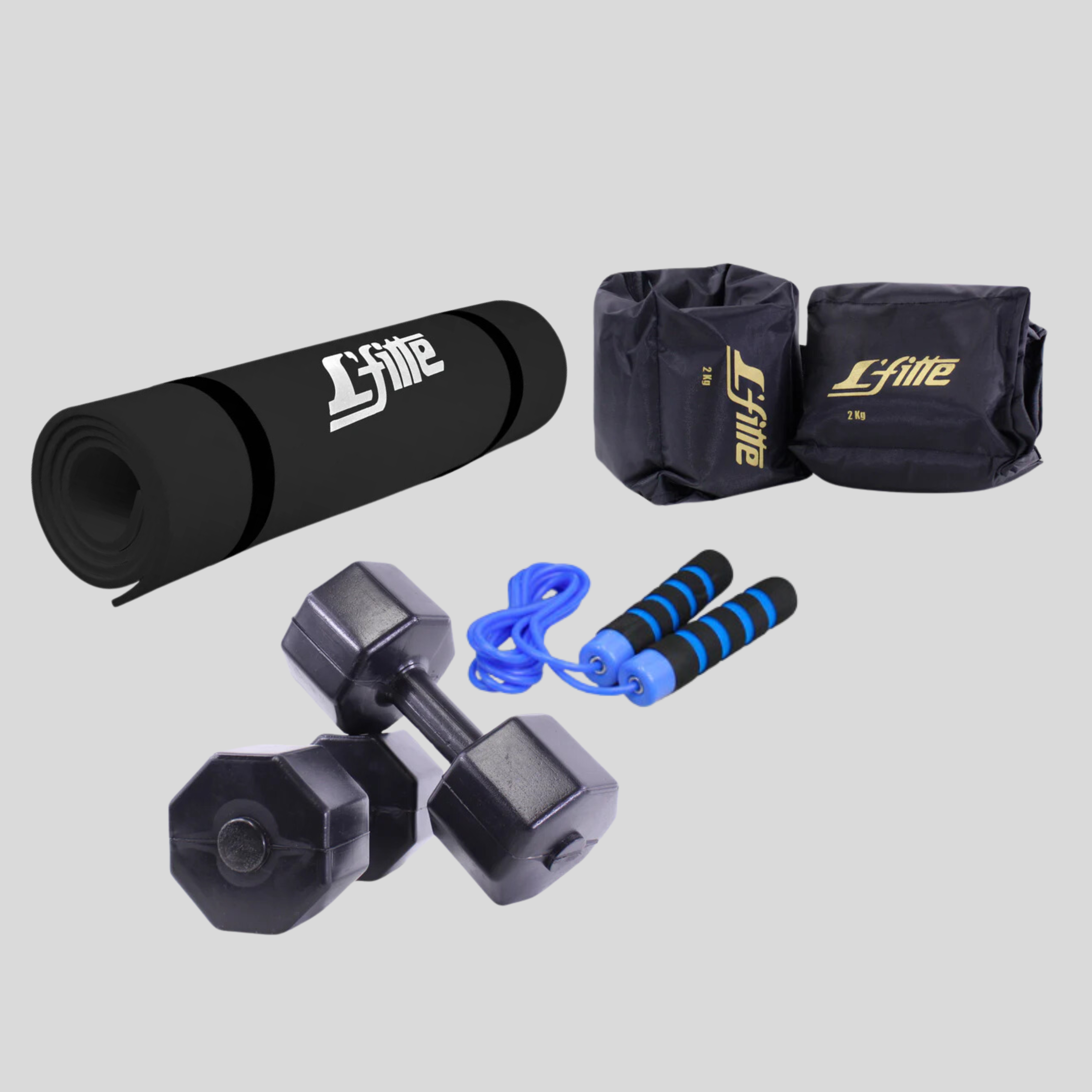 Kit De Ejercicio Con Cuerda De Neopreno/ Par De Mancuernas 5 kg/ Par De Polainas 2kg/Tapete para yoga L'fitte