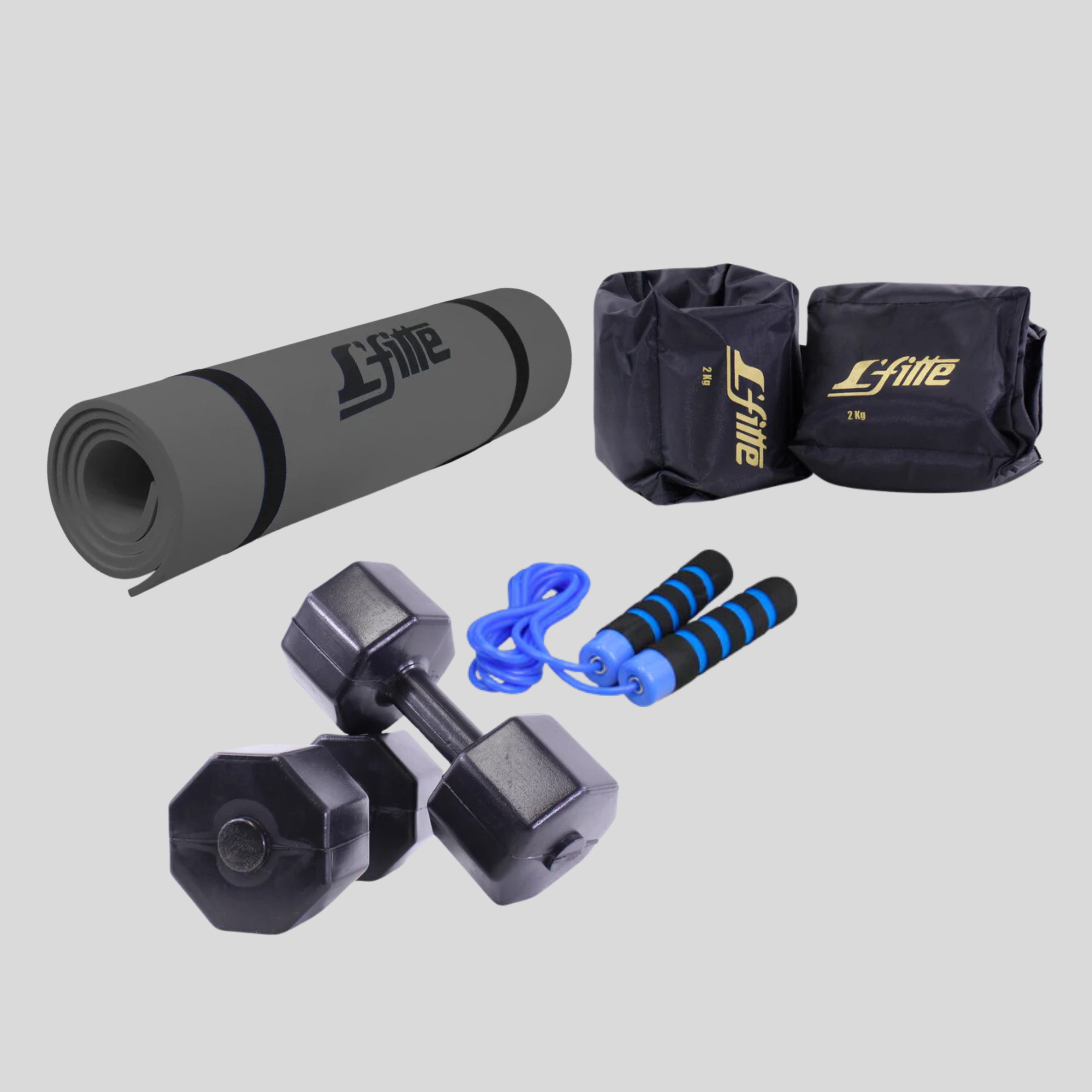 Kit De Ejercicio Con Cuerda De Neopreno/ Par De Mancuernas 5 kg/ Par De Polainas 2kg/Tapete para yoga L'fitte