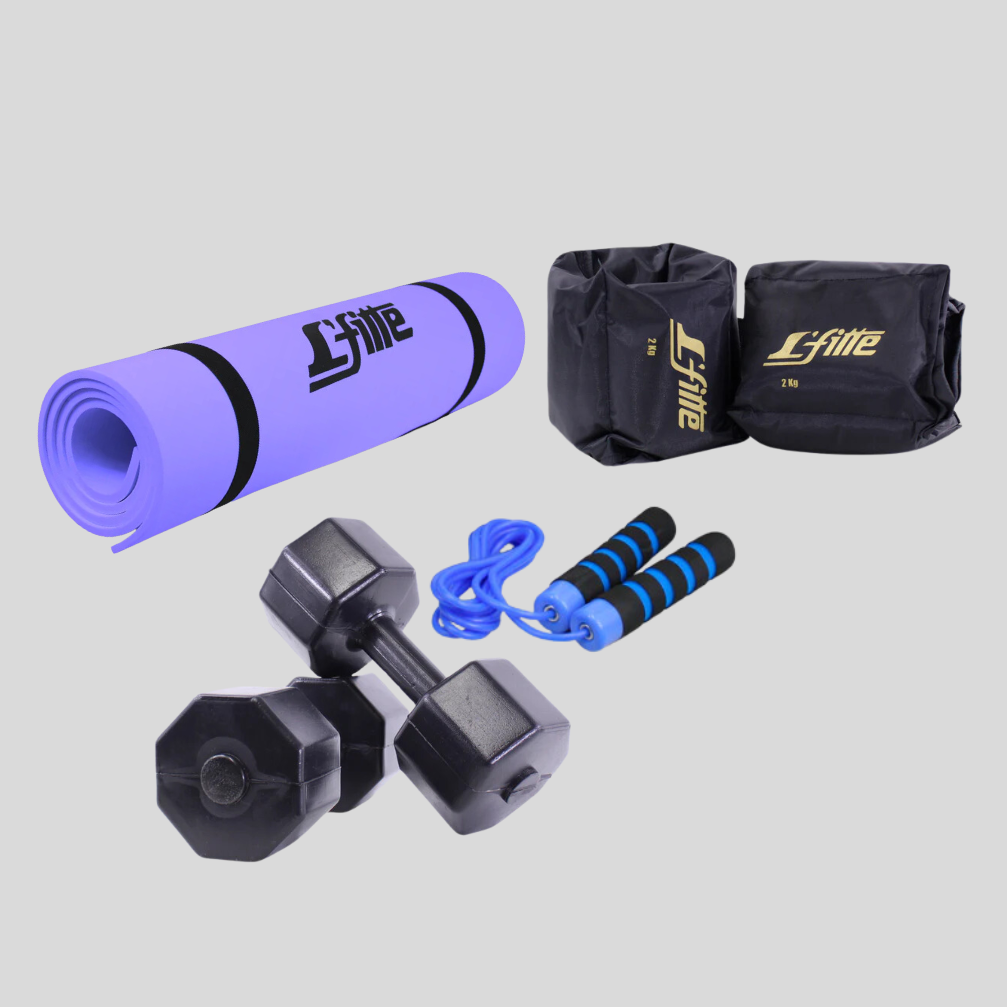 Kit De Ejercicio Con Cuerda De Neopreno/ Par De Mancuernas 5 kg/ Par De Polainas 2kg/Tapete para yoga L'fitte