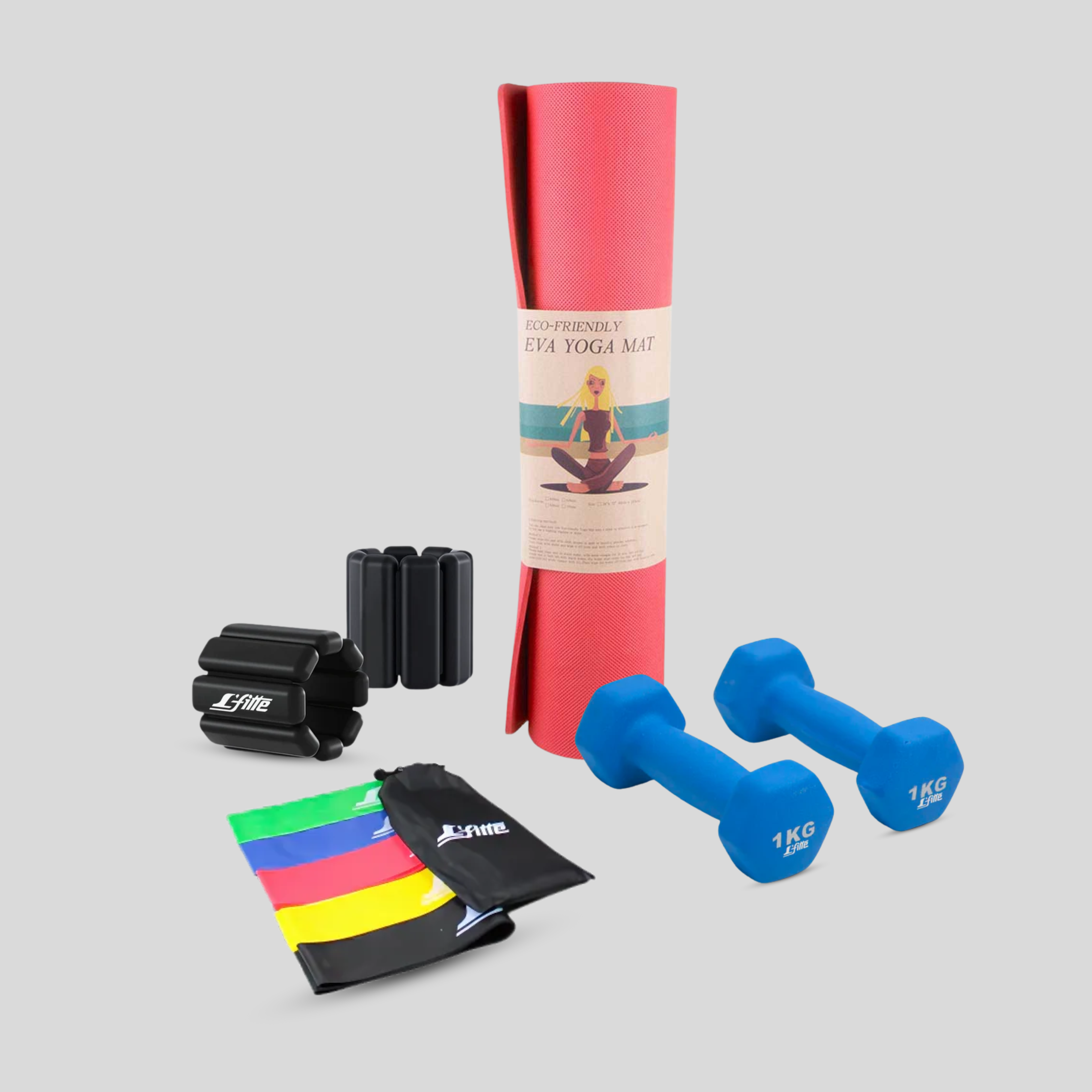 Kit De Ejercicio(Tapete,Ligas,Polainas,Mancuernas)