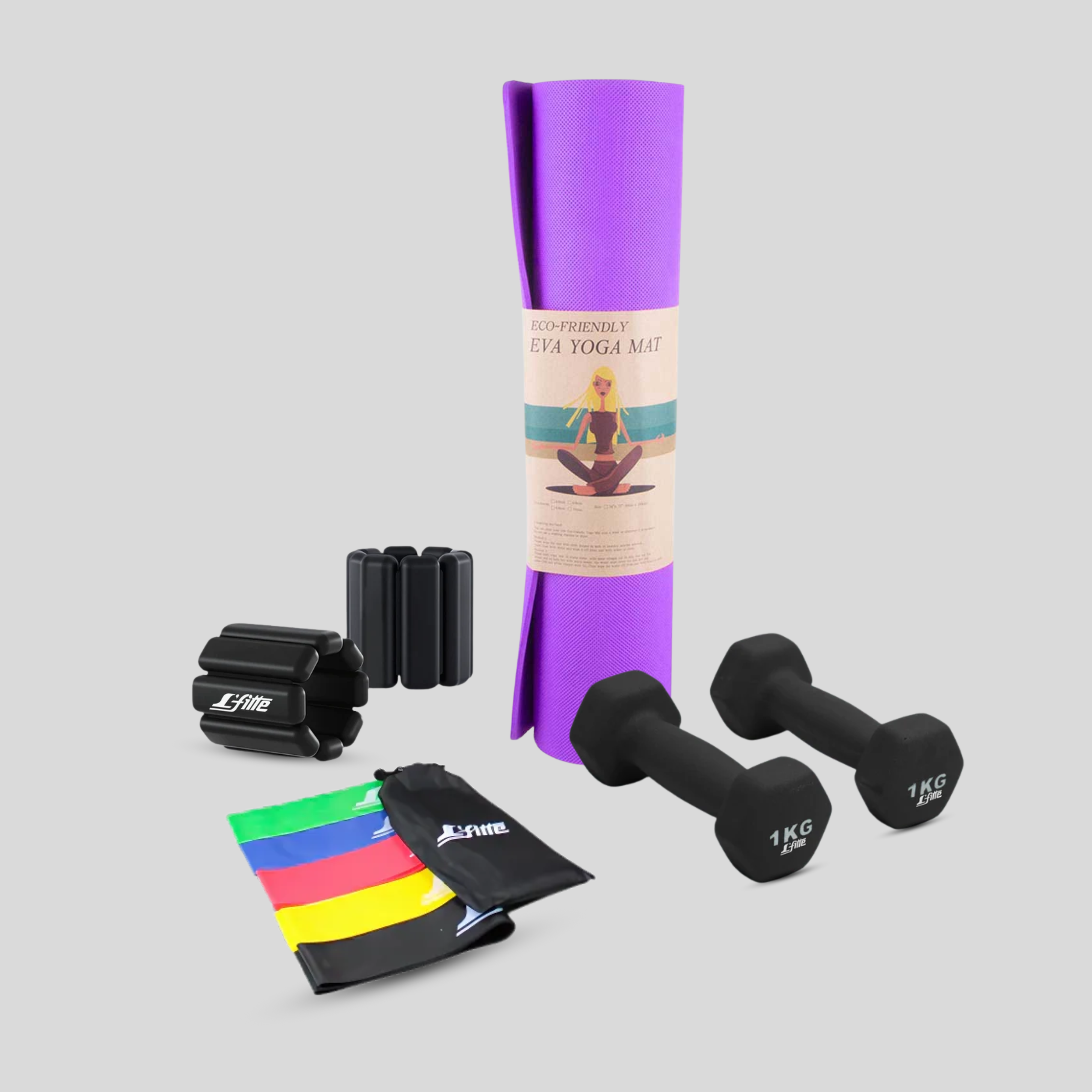 Kit De Ejercicio(Tapete,Ligas,Polainas,Mancuernas)