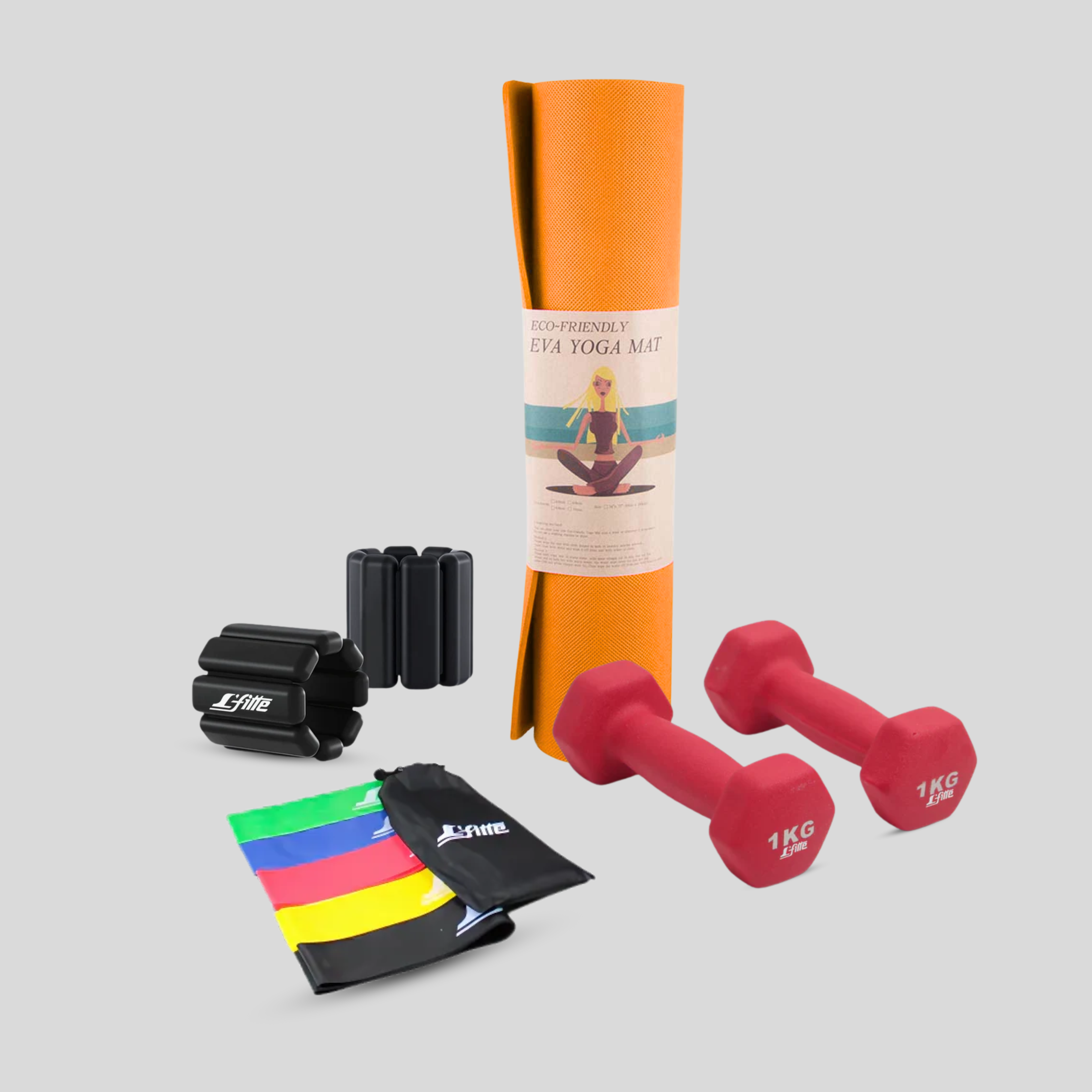 Kit De Ejercicio(Tapete,Ligas,Polainas,Mancuernas)