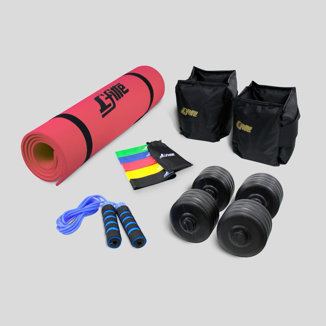 Kit de Polainas 2kg, Cuerda, Set de 5 ligas, Mancuernas 3.5kg y Un Tapete de 1.50m