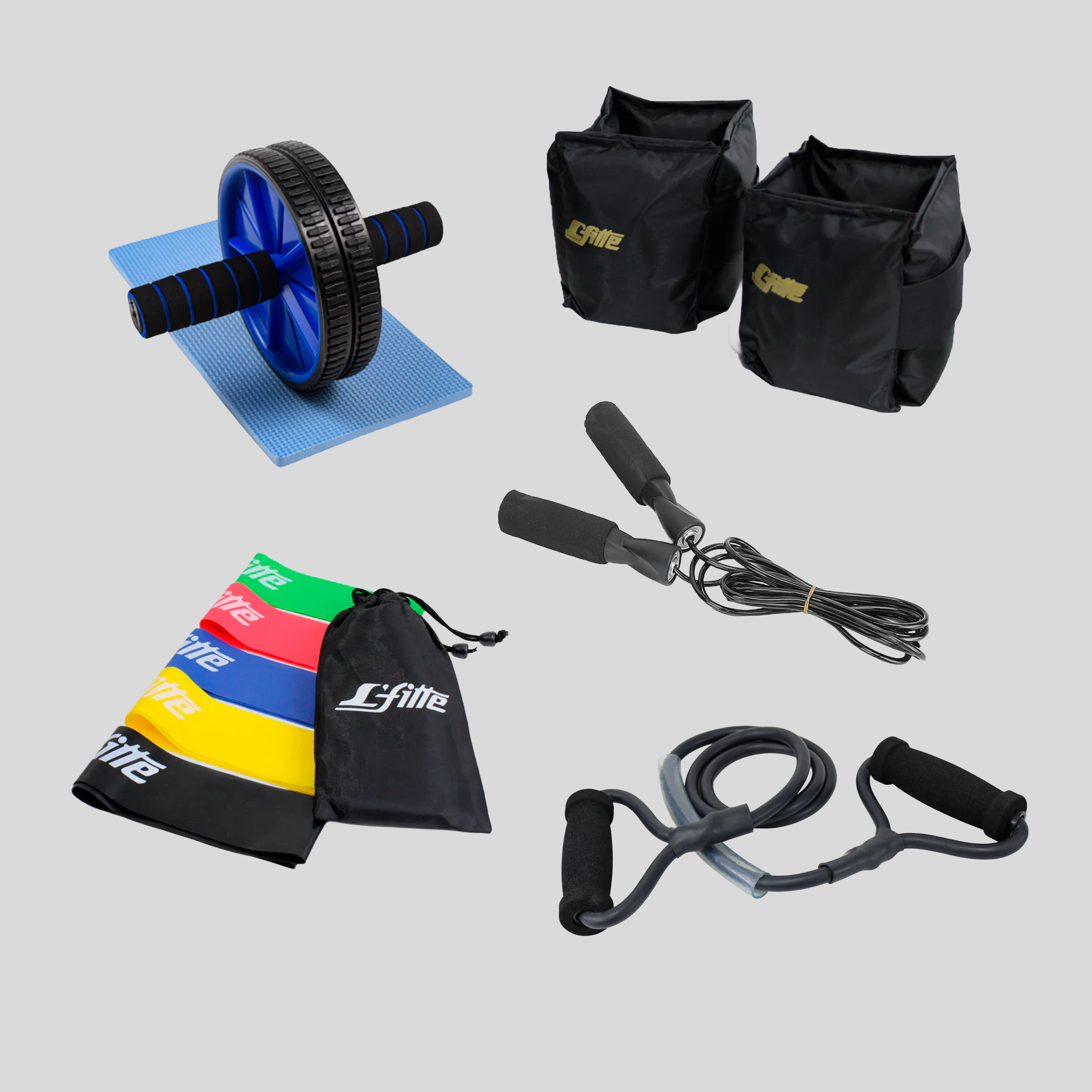 Kit Con Par De Polaina 2kgs, Cuerda, Liga Con Agarraderas, Rueda Abdominal y 5 Bandas de Resistencias
