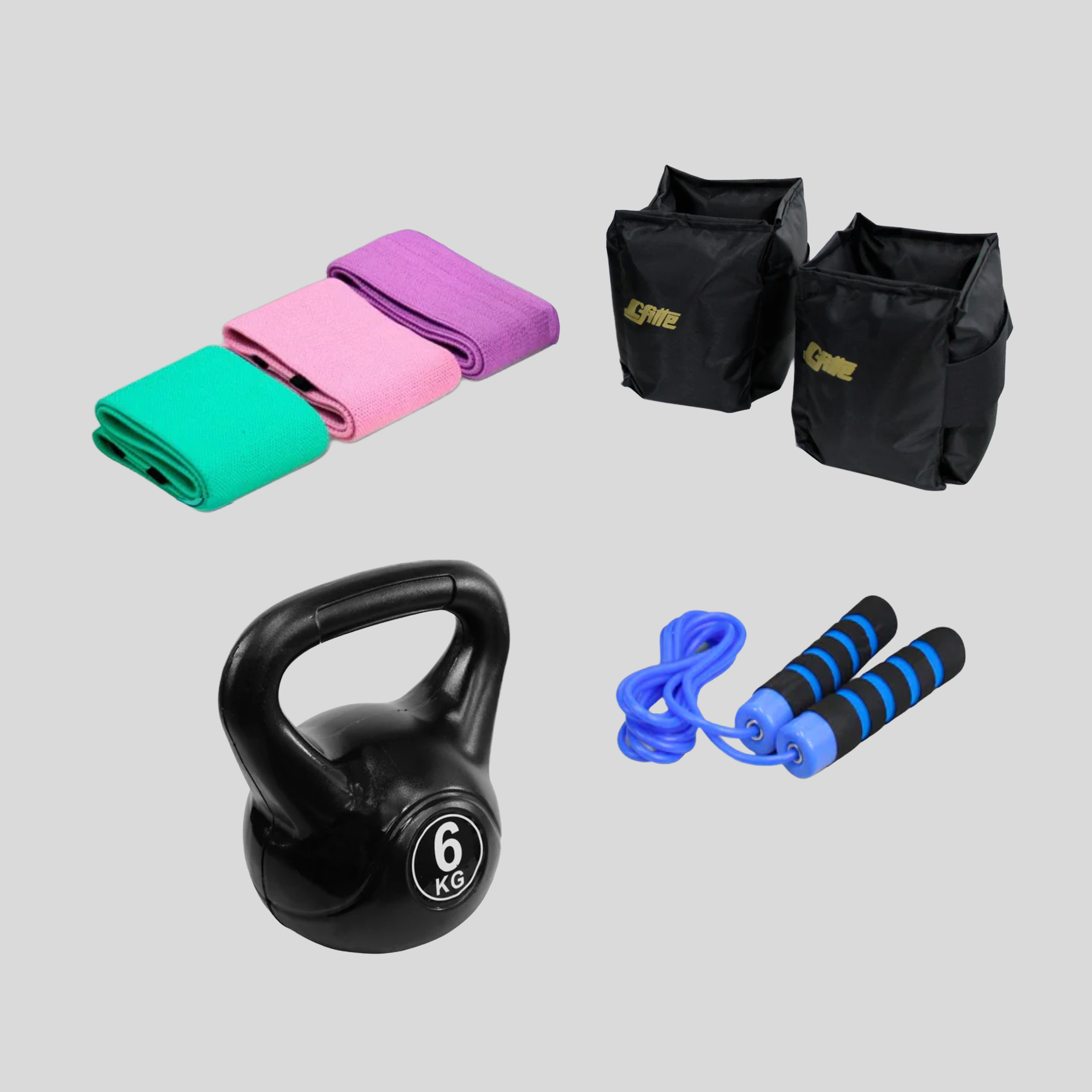 Kit De Polainas 2kg, Pesa Rusa 6 Kg, 3 Bandas De Resistencia Y Cuerda De Neopreno