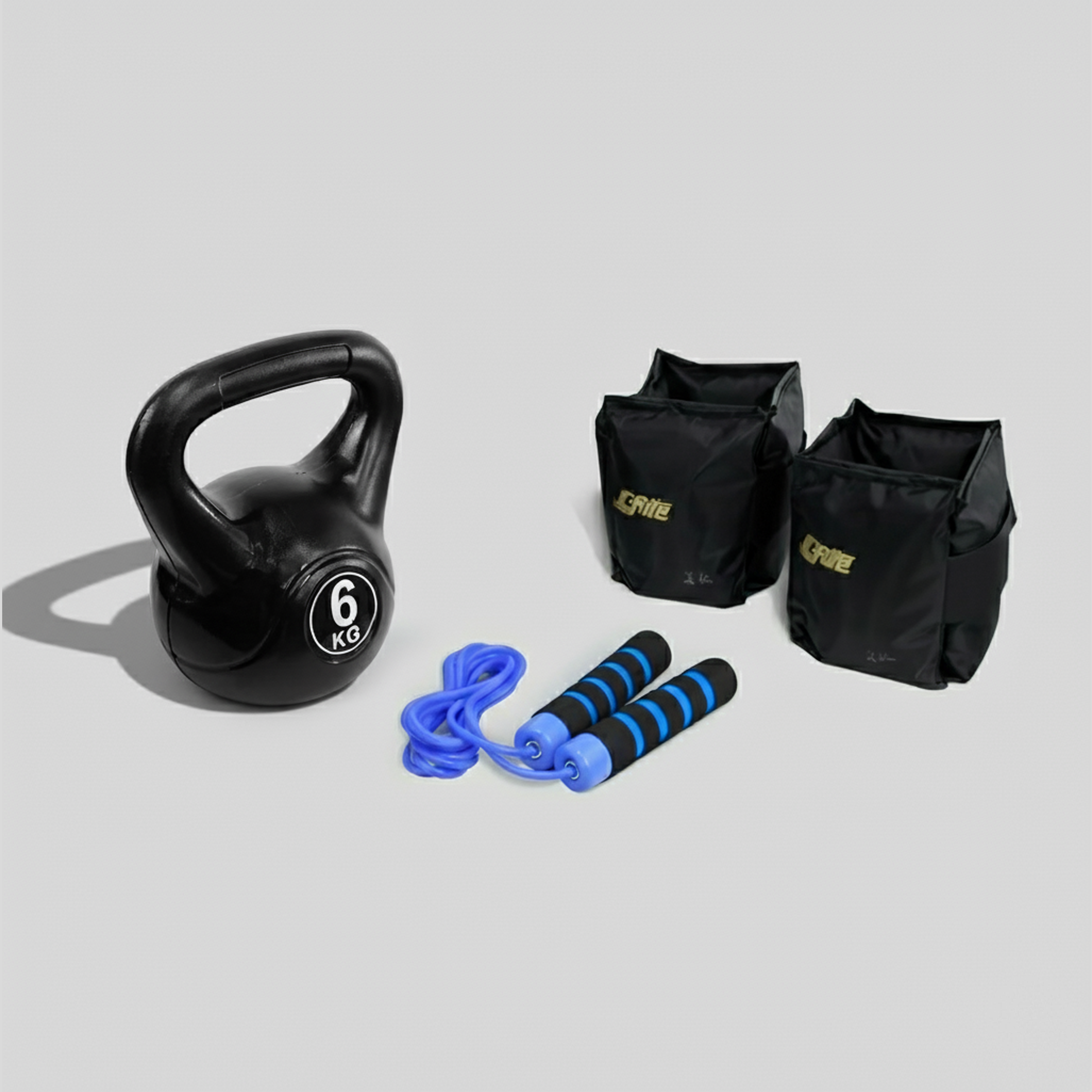 Kit de Entrenamiento con Polainas Ajustables con Velcro de 2 kg, Kettlebell (Pesa Rusa) de 6 kg y Cuerda para Saltar con Agarre Ergonómico