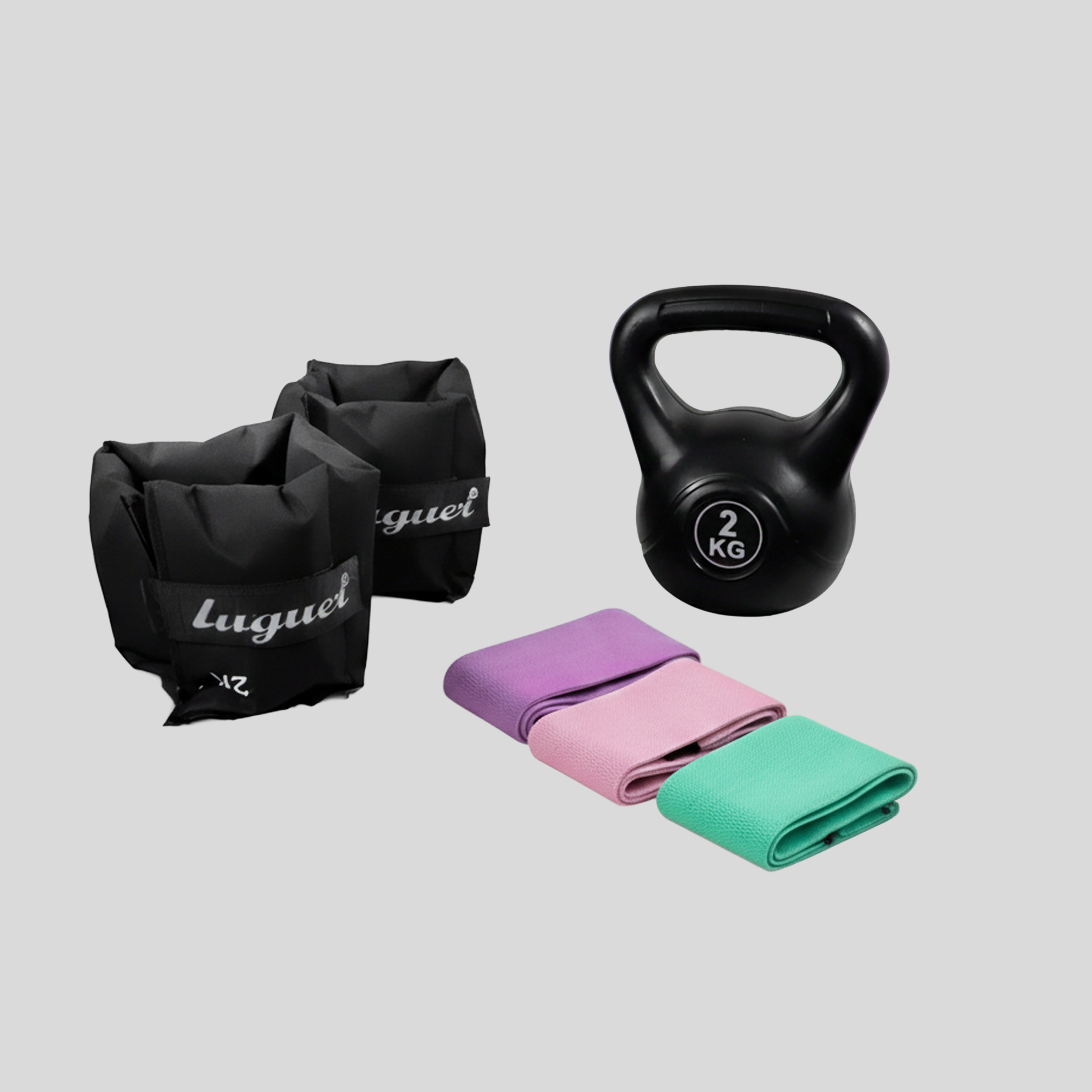 Kit Completo de Entrenamiento: Polainas de 2 kg Para Fuerza y Resistencia Con Velcro, 3 Ligas de Tela Con Diferentes Niveles de Resistencia Para Ejercicios Funcionales, y Pesa Rusa de 2 kg Para Rutinas de Fuerza